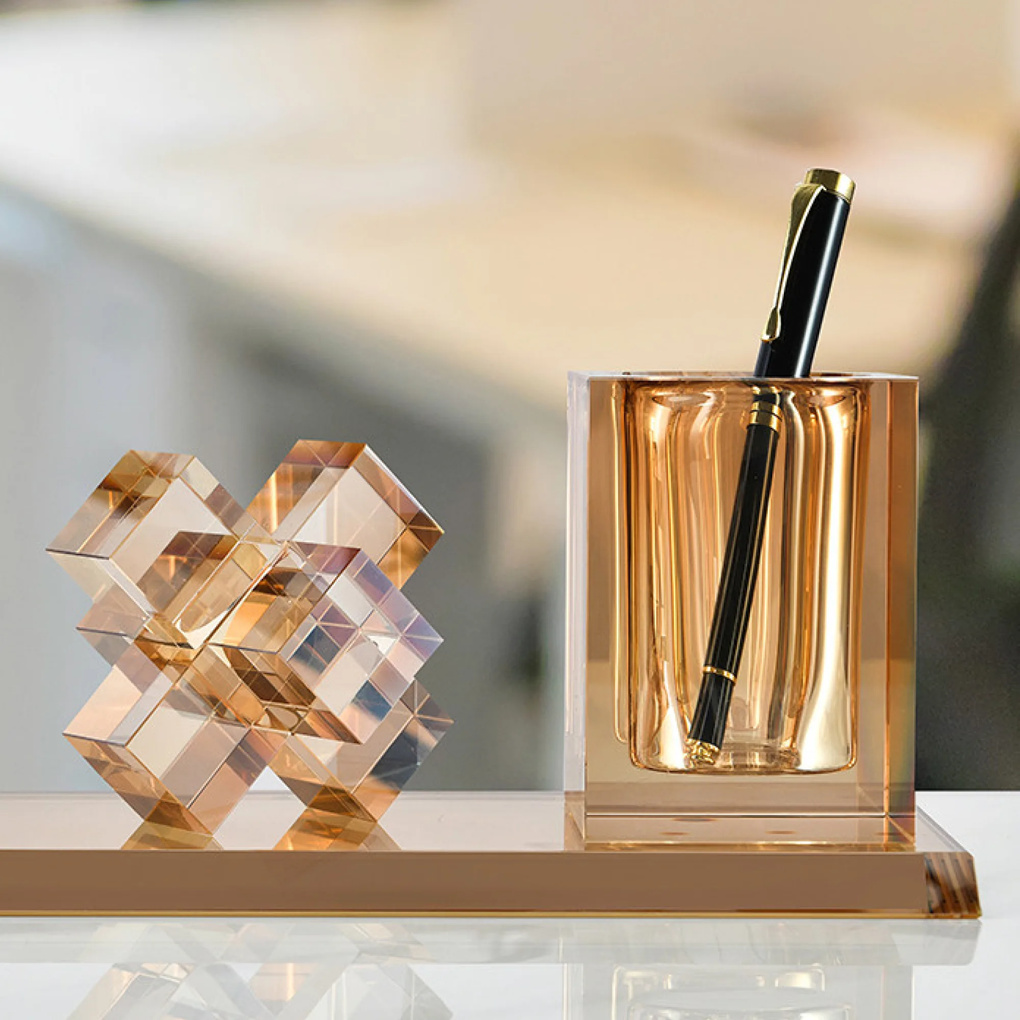 Crystal Pen Holder and Decorative Block Set