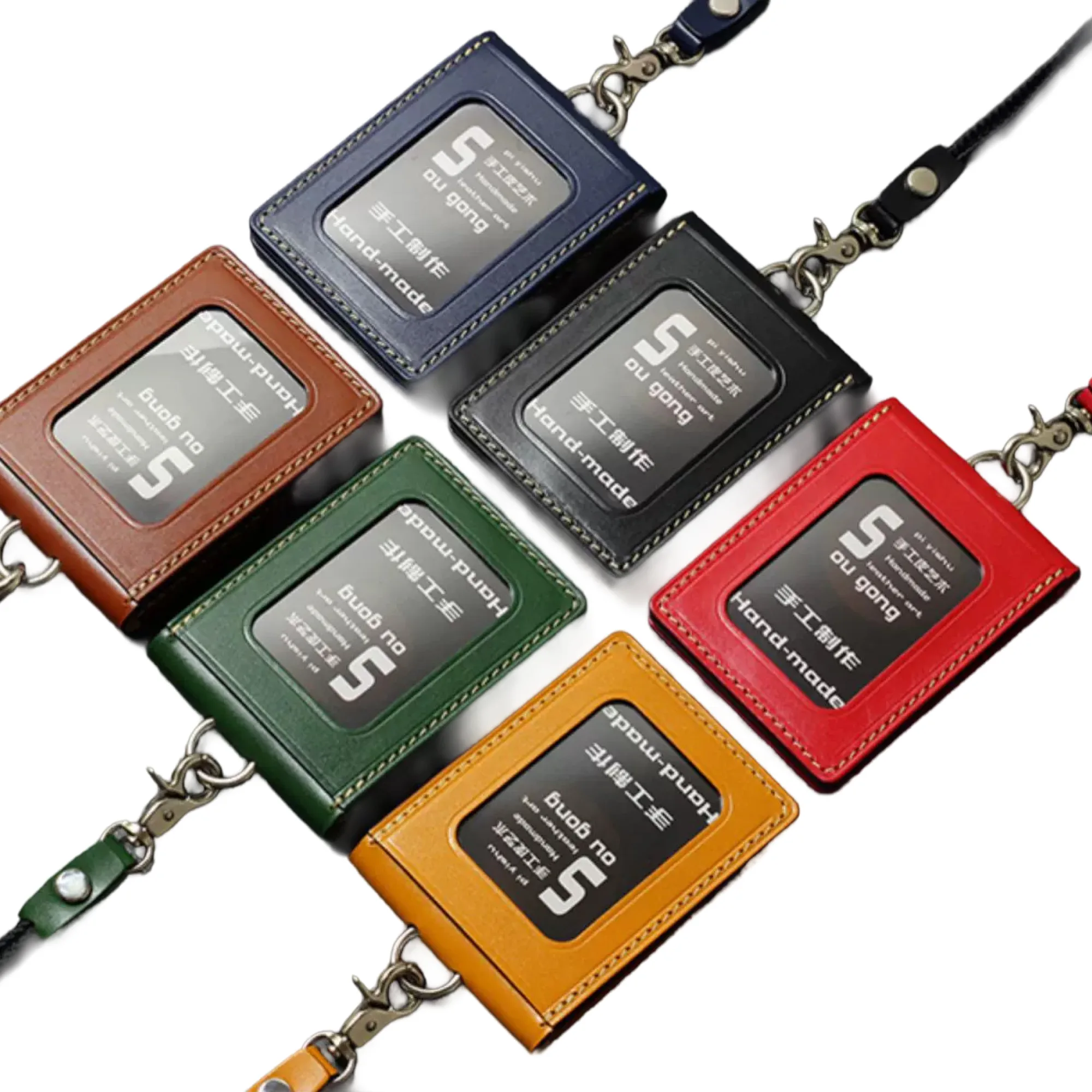 Folding Genuine Leather ID Card Holder with Lanyard