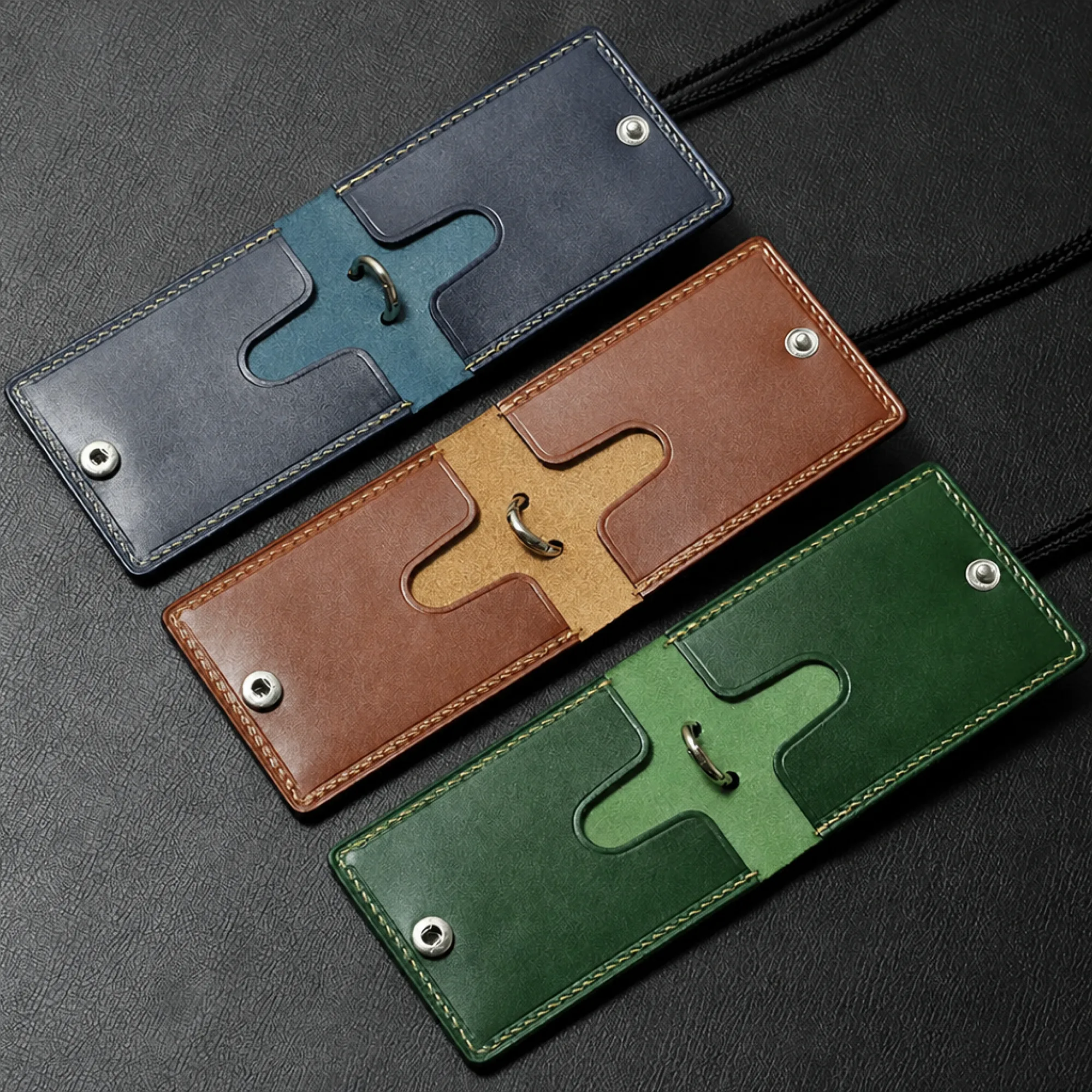Folding Genuine Leather ID Card Holder with Lanyard