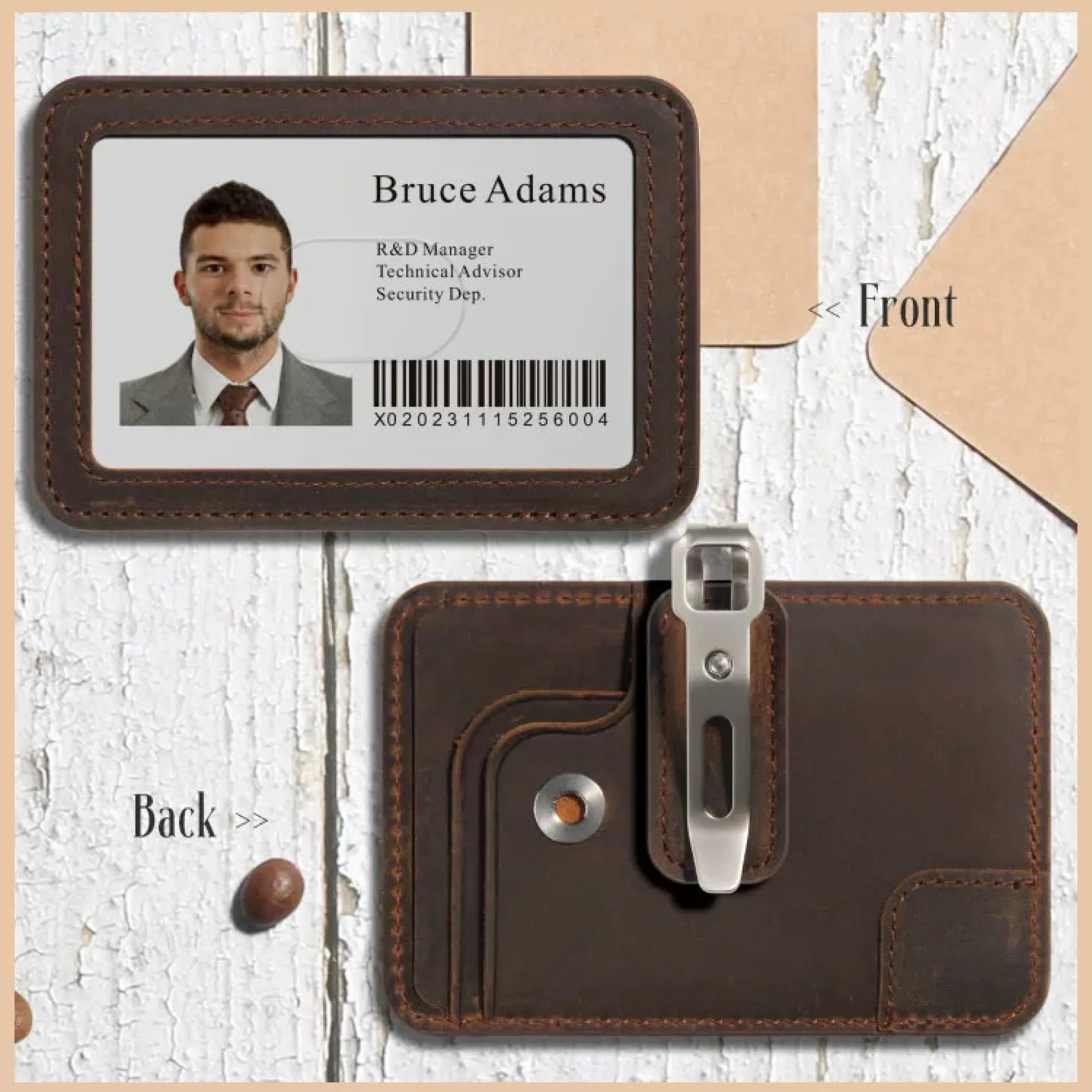 Top-Grain Leather Card Holder with Metal Clip and Lanyard Option thumbnail 4
