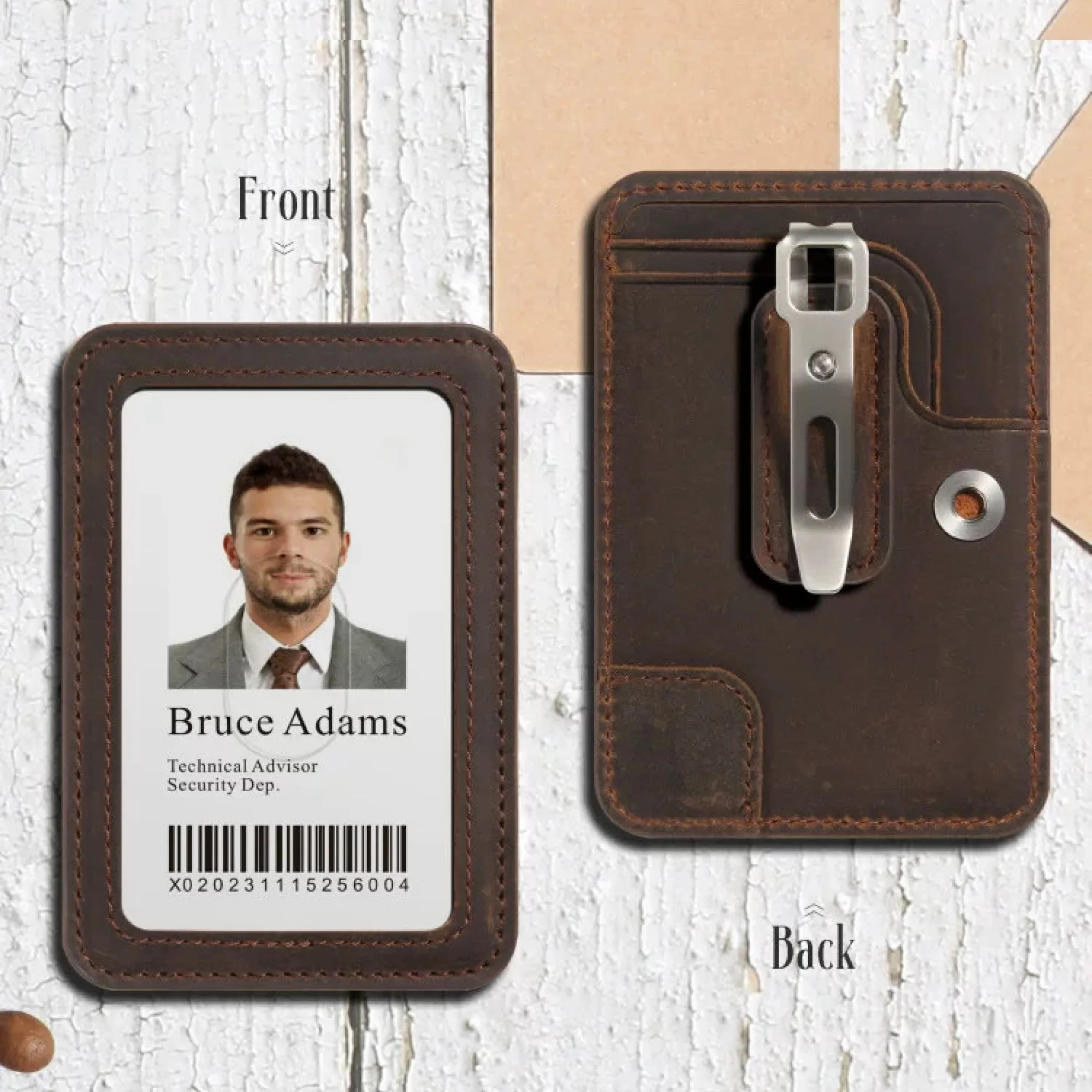 Top-Grain Leather Card Holder with Metal Clip and Lanyard Option