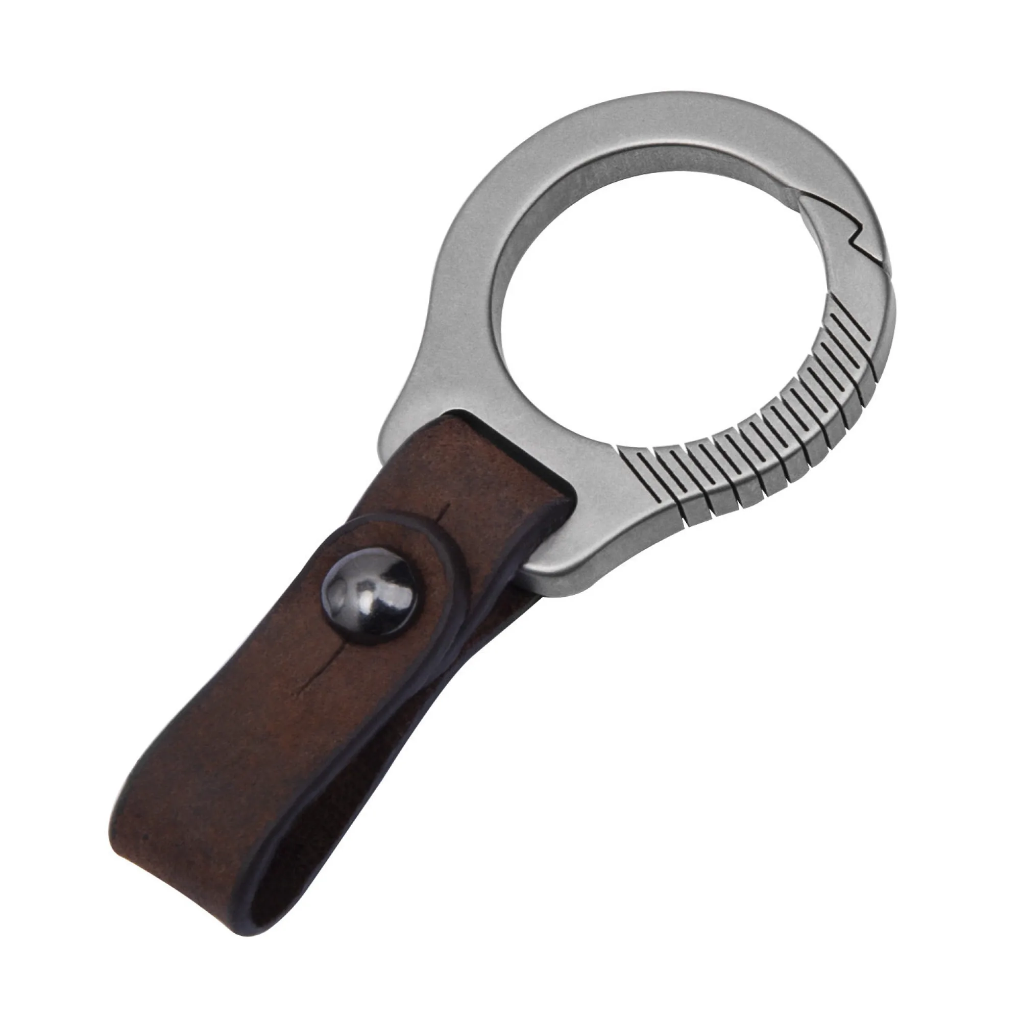 Titanium Alloy Keychain with Leather Trim — View 1