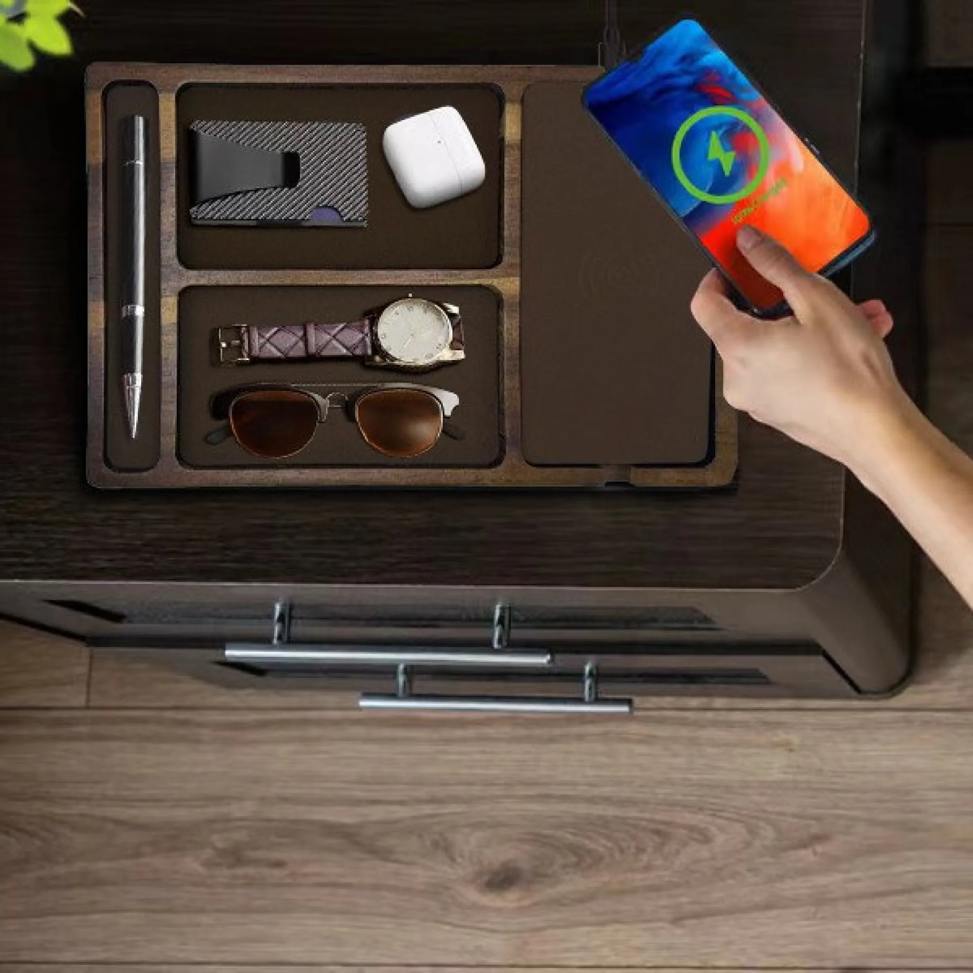 Solid Wood Wireless Charging Storage Box with 15W Output thumbnail 3