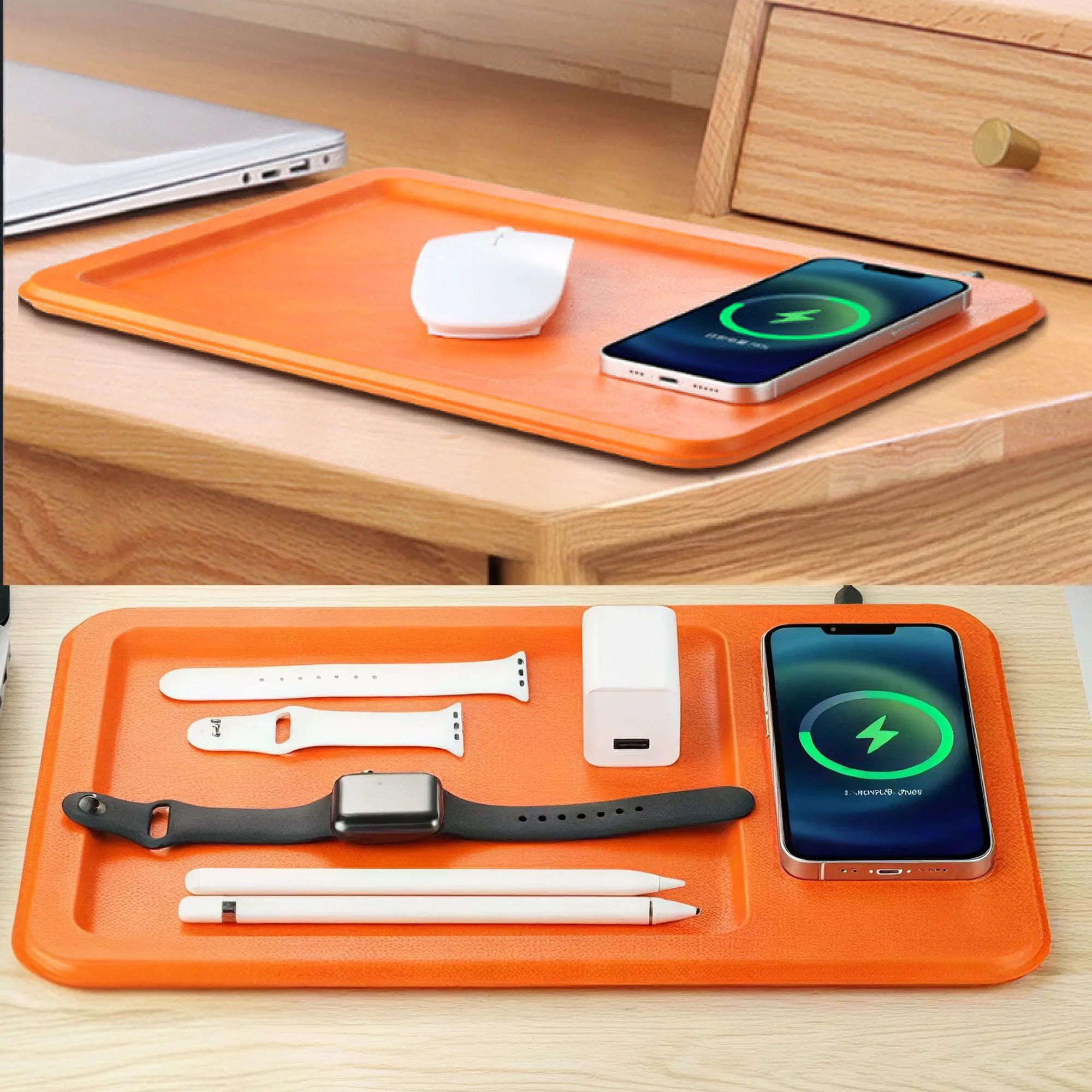 15W Wireless Charging Storage Tray with PU Leather Finish