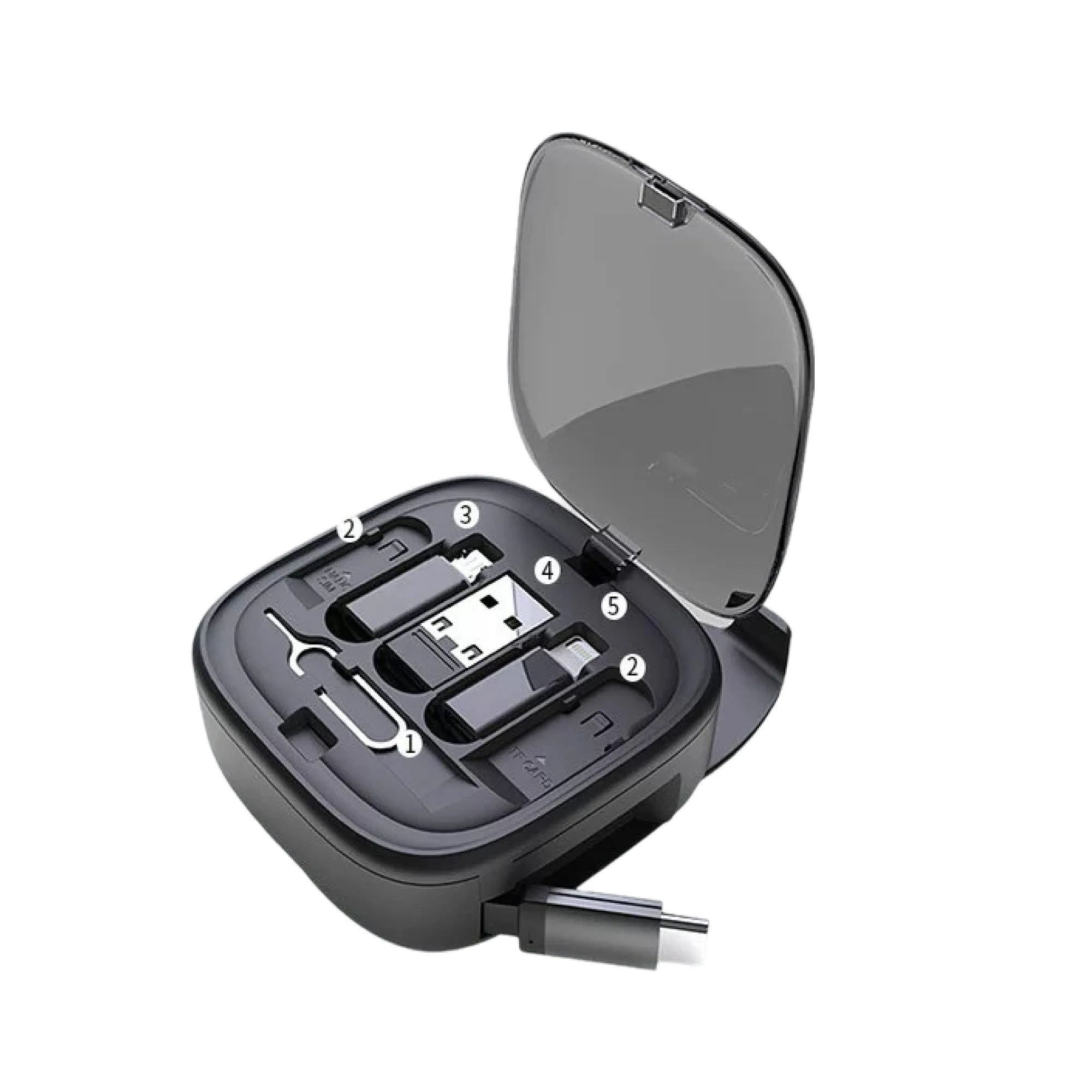 Retractable 6-in-1 Multi-function Data Cable Storage Box with Phone Stand