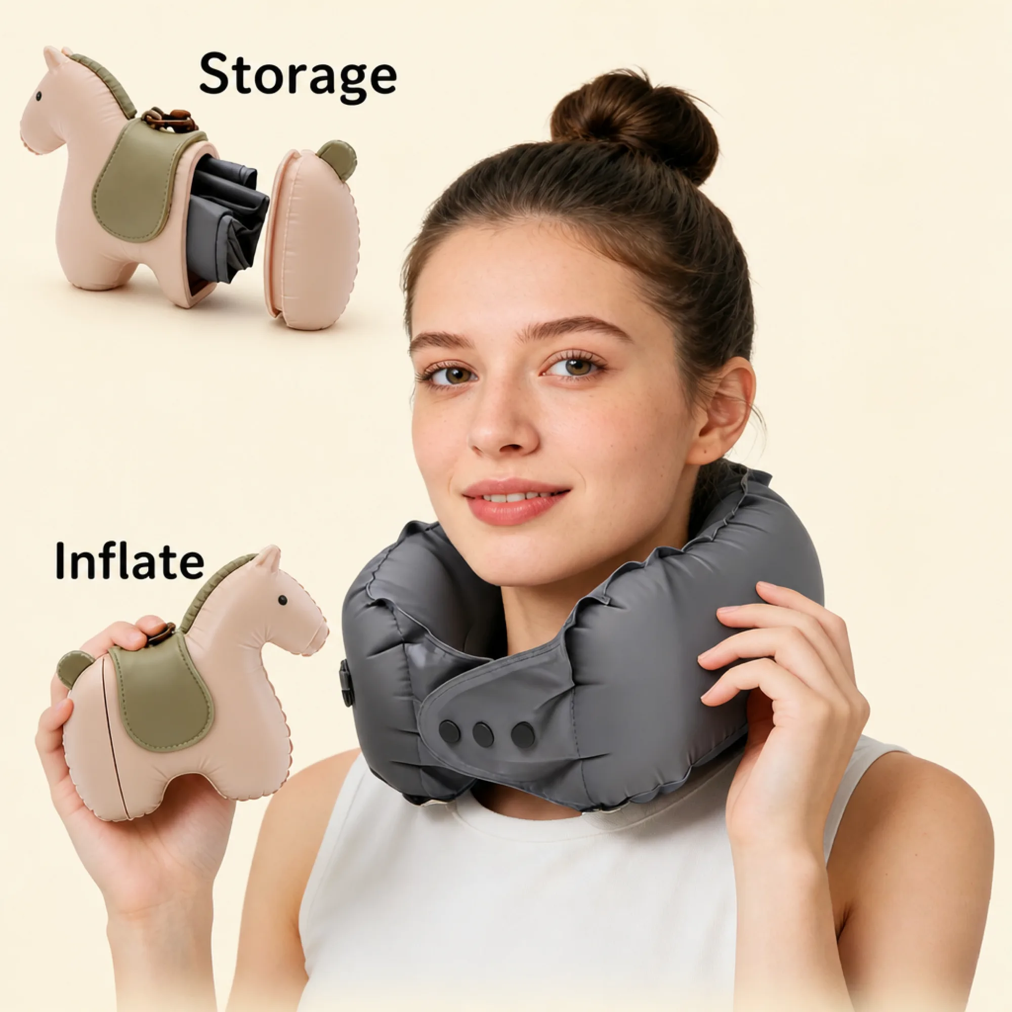 Inflatable U-Shaped Neck Pillow with Horse-Shaped Pump