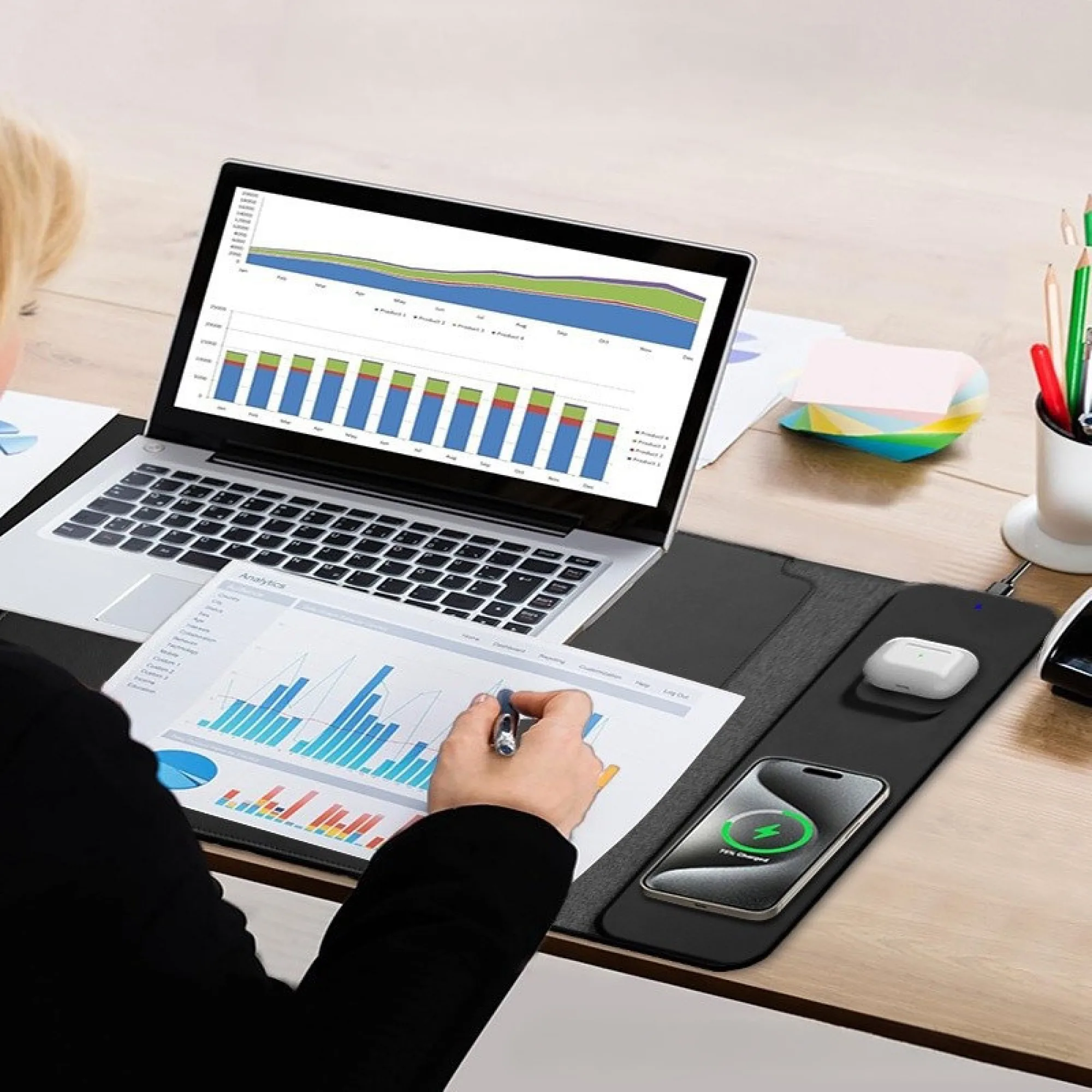 Wireless Charging Desk Mat with PU Leather Surface and Linen Base thumbnail 5