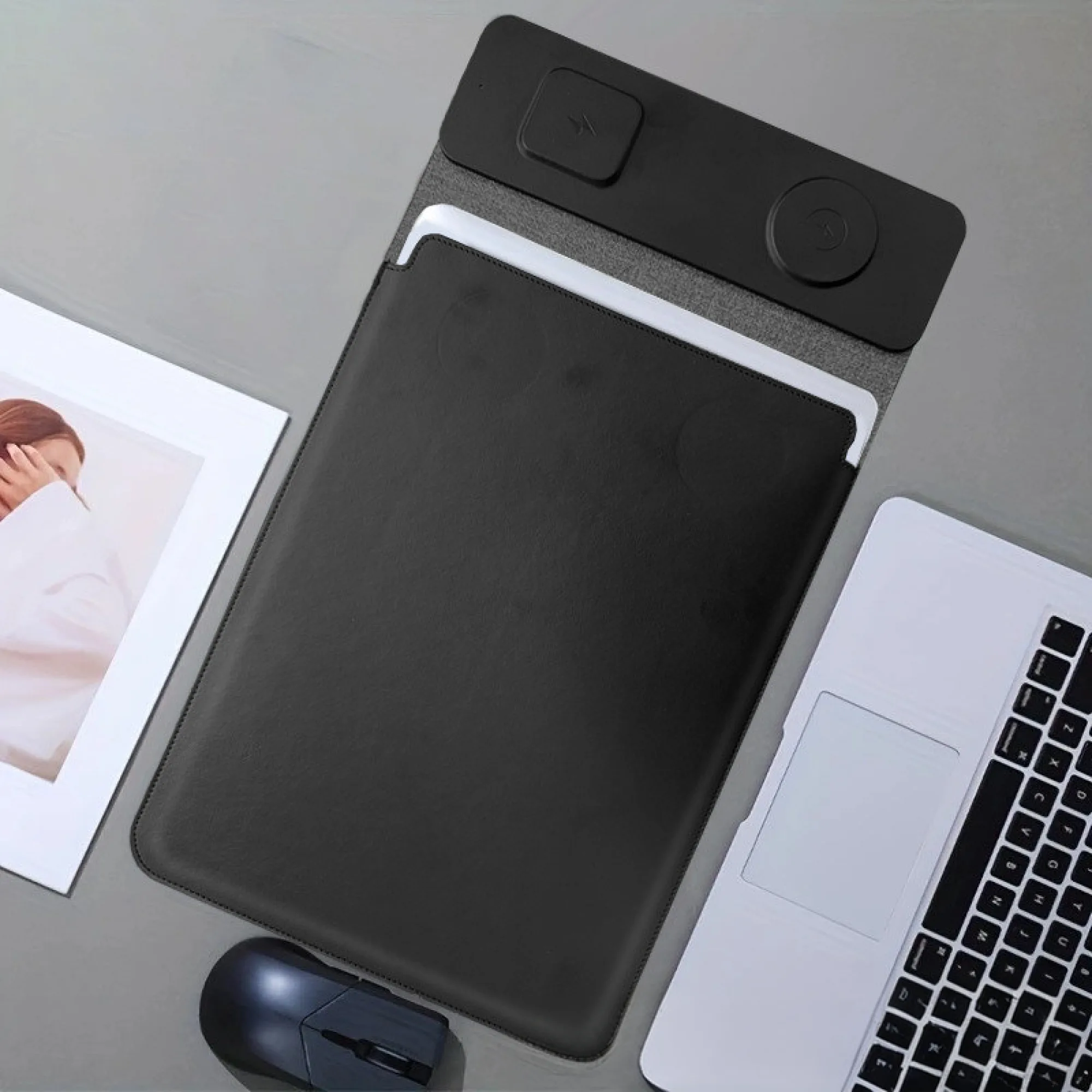 Wireless Charging Desk Mat with PU Leather Surface and Linen Base thumbnail 2