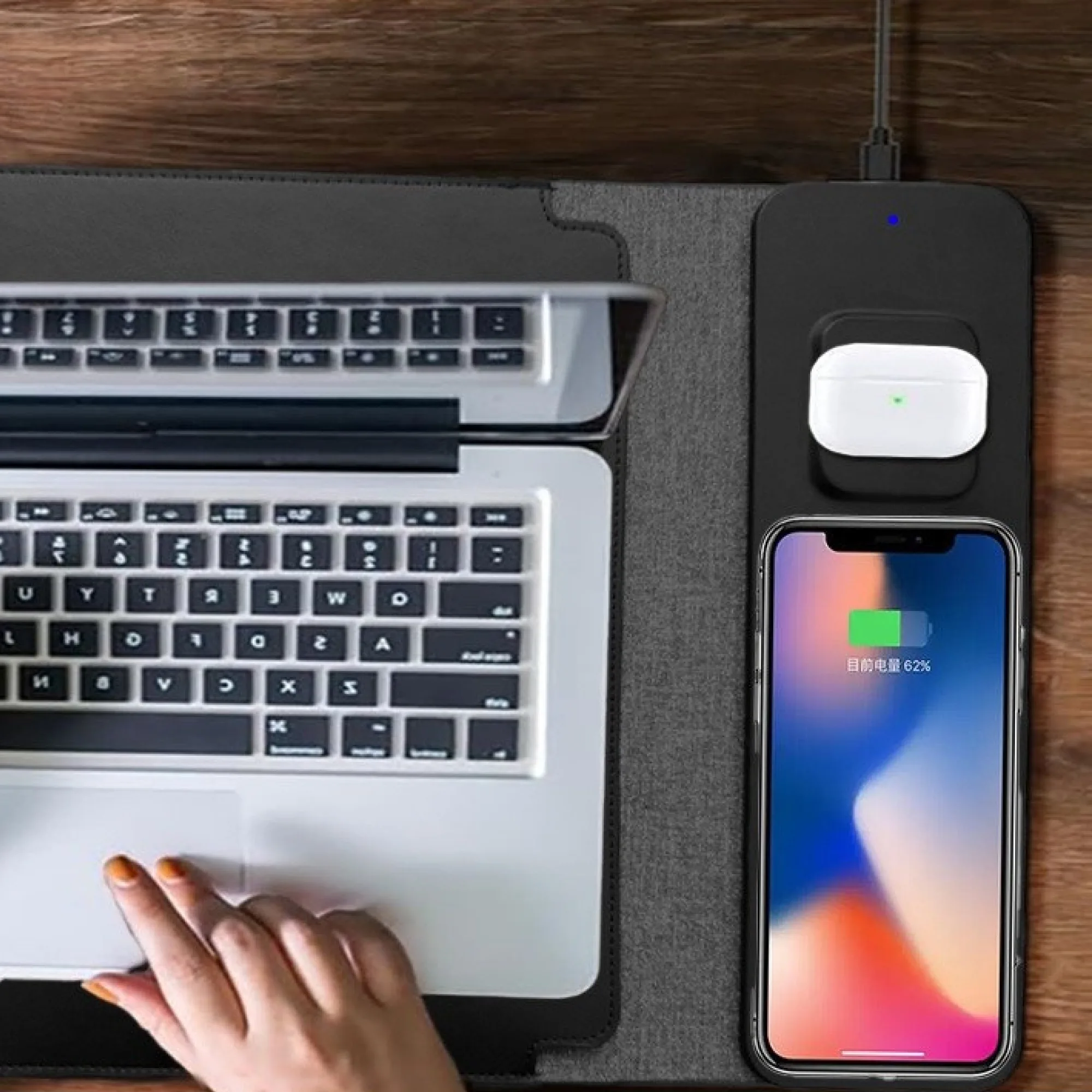 Wireless Charging Desk Mat with PU Leather Surface and Linen Base thumbnail 3