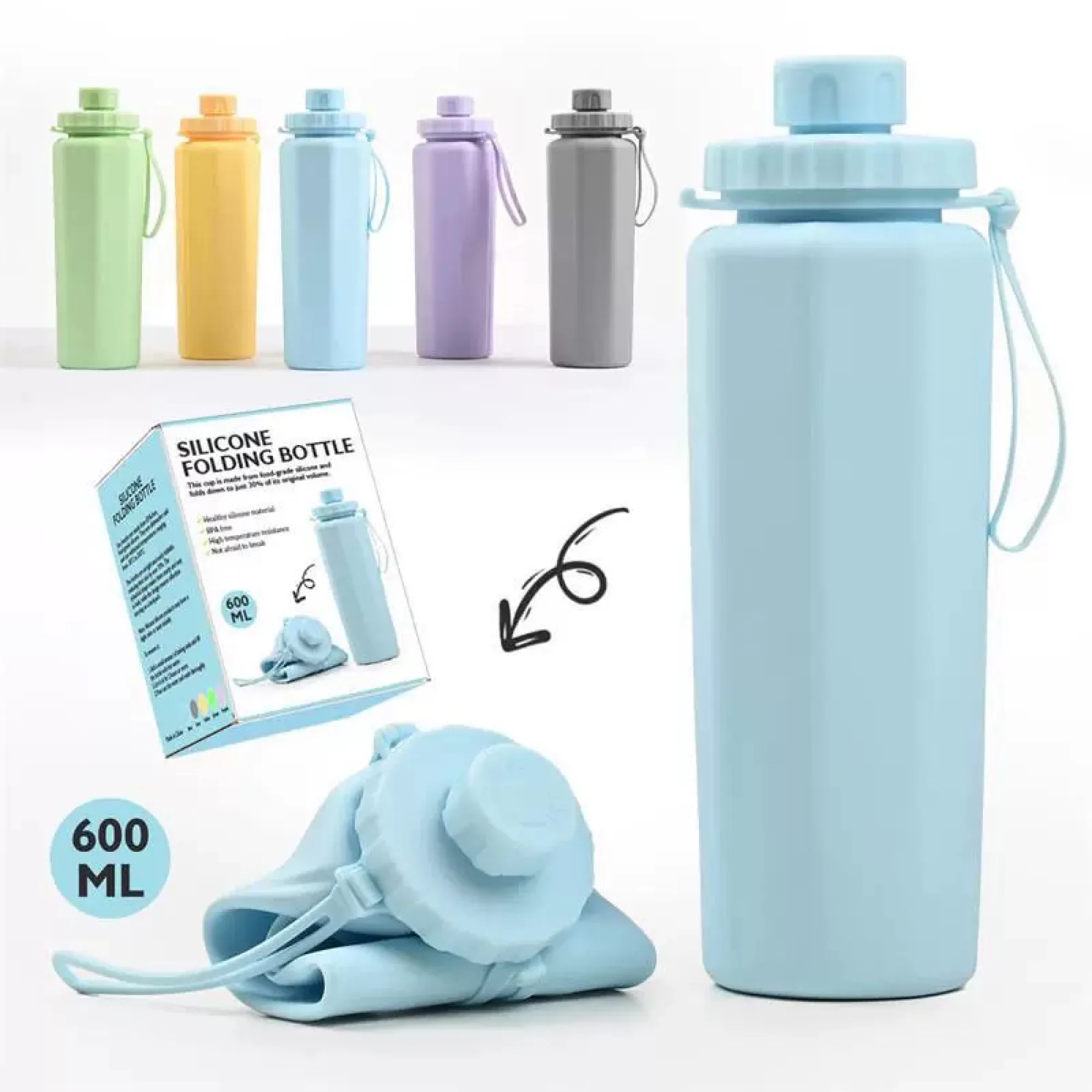 Foldable Silicone Water Bottle 600ml thumbnail 3