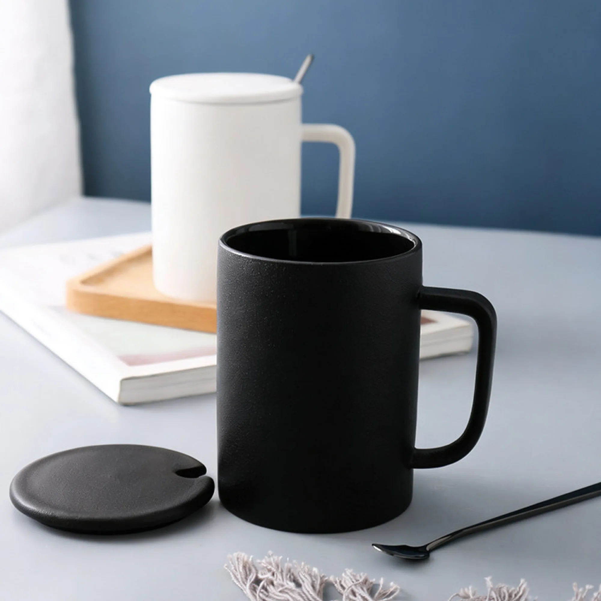 Frosted Ceramic Mug with Lid and Spoon thumbnail 3