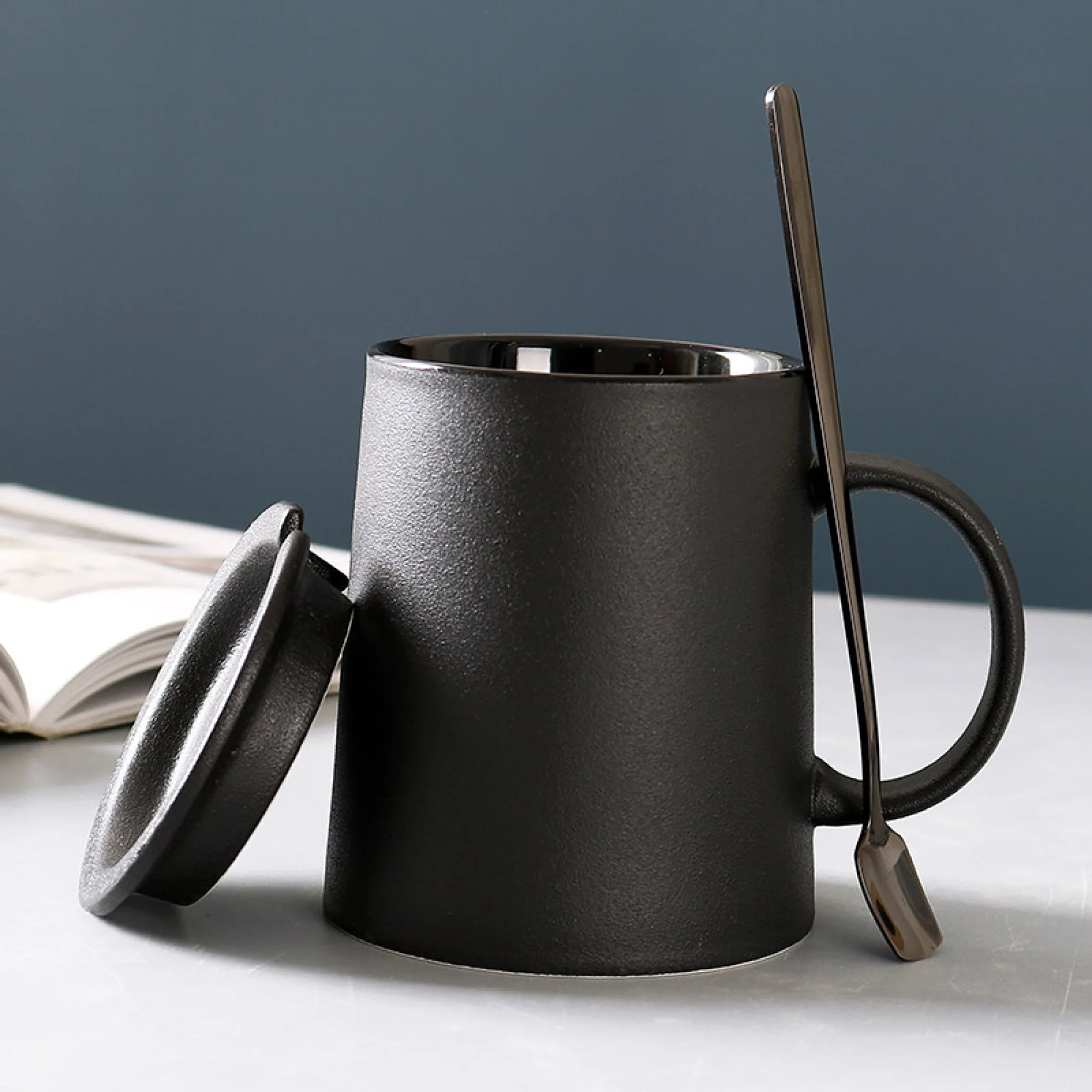 Frosted Ceramic Mug with Lid and Spoon thumbnail 7