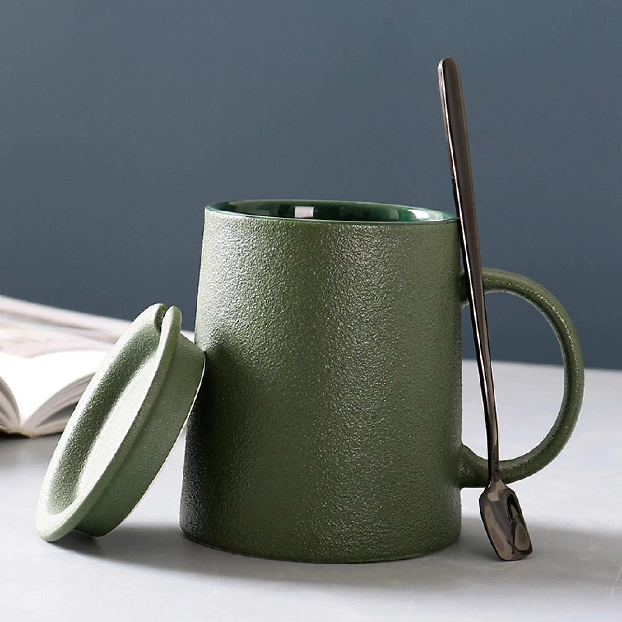 Frosted Ceramic Mug with Lid and Spoon thumbnail 8
