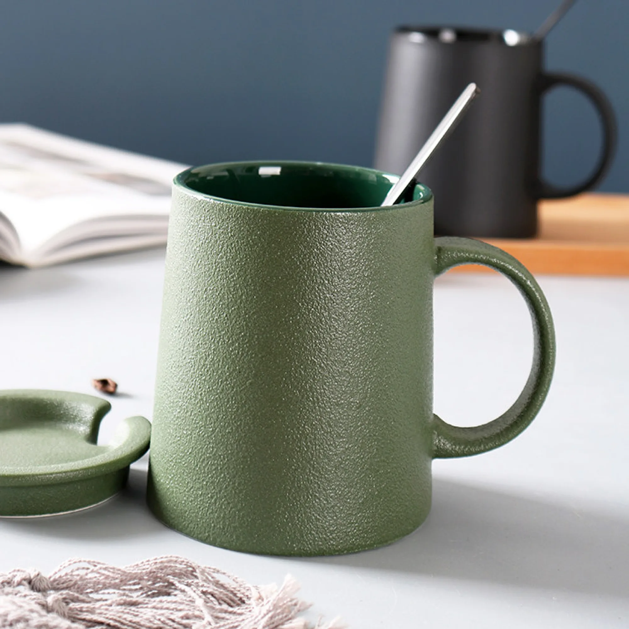 Frosted Ceramic Mug with Lid and Spoon — View 1