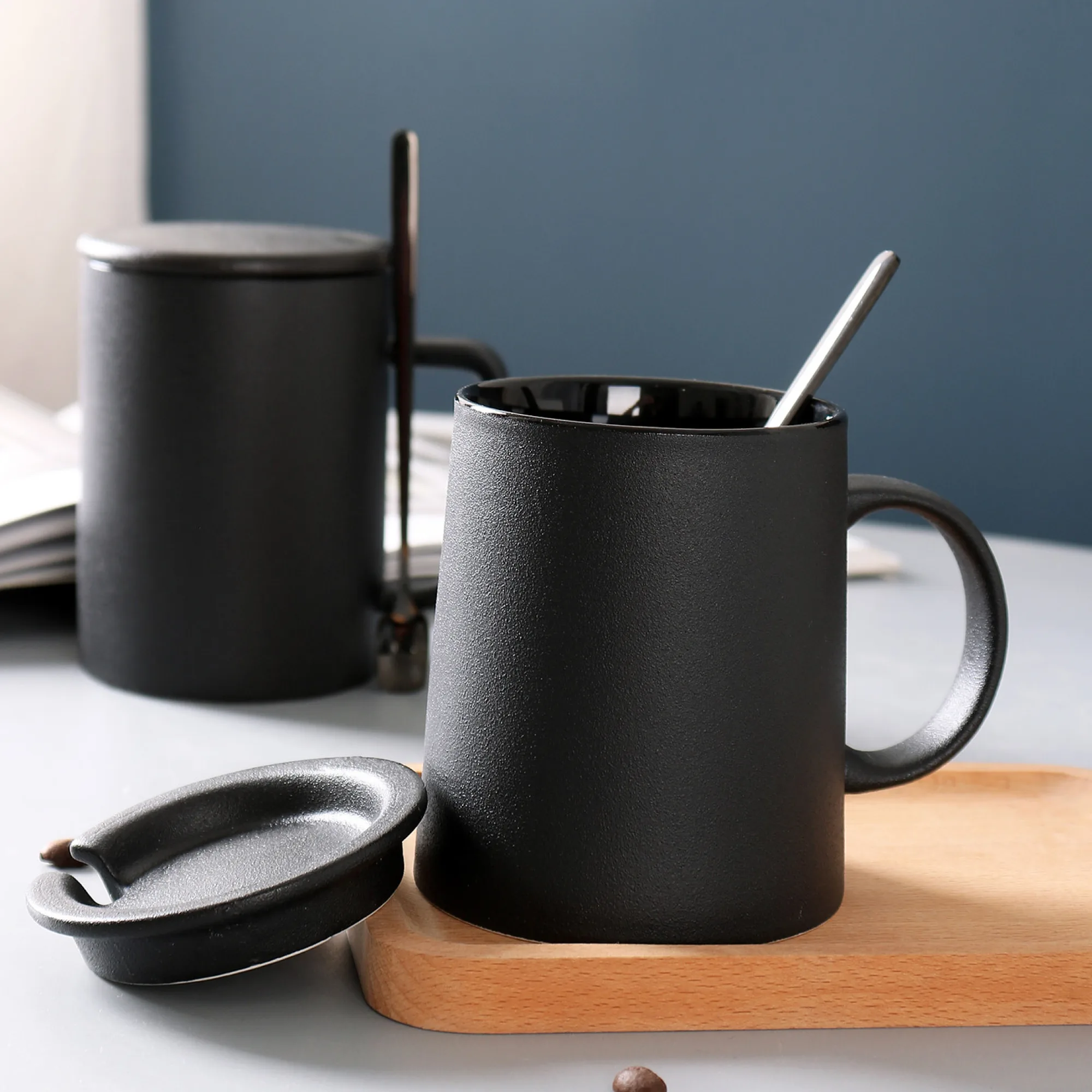 Frosted Ceramic Mug with Lid and Spoon thumbnail 2