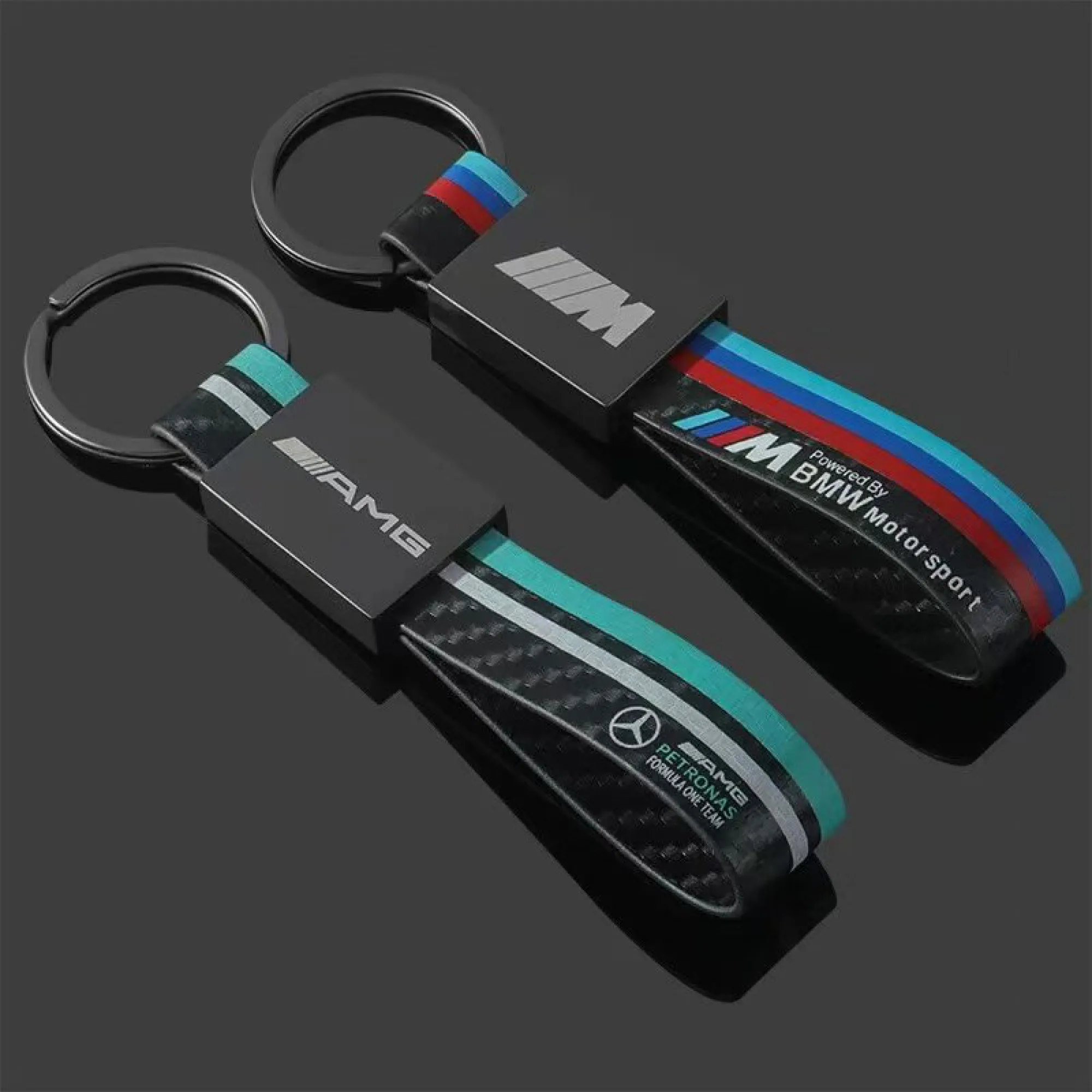 Metal Keychain with Leather Strap and Carbon Fiber Texture thumbnail 2