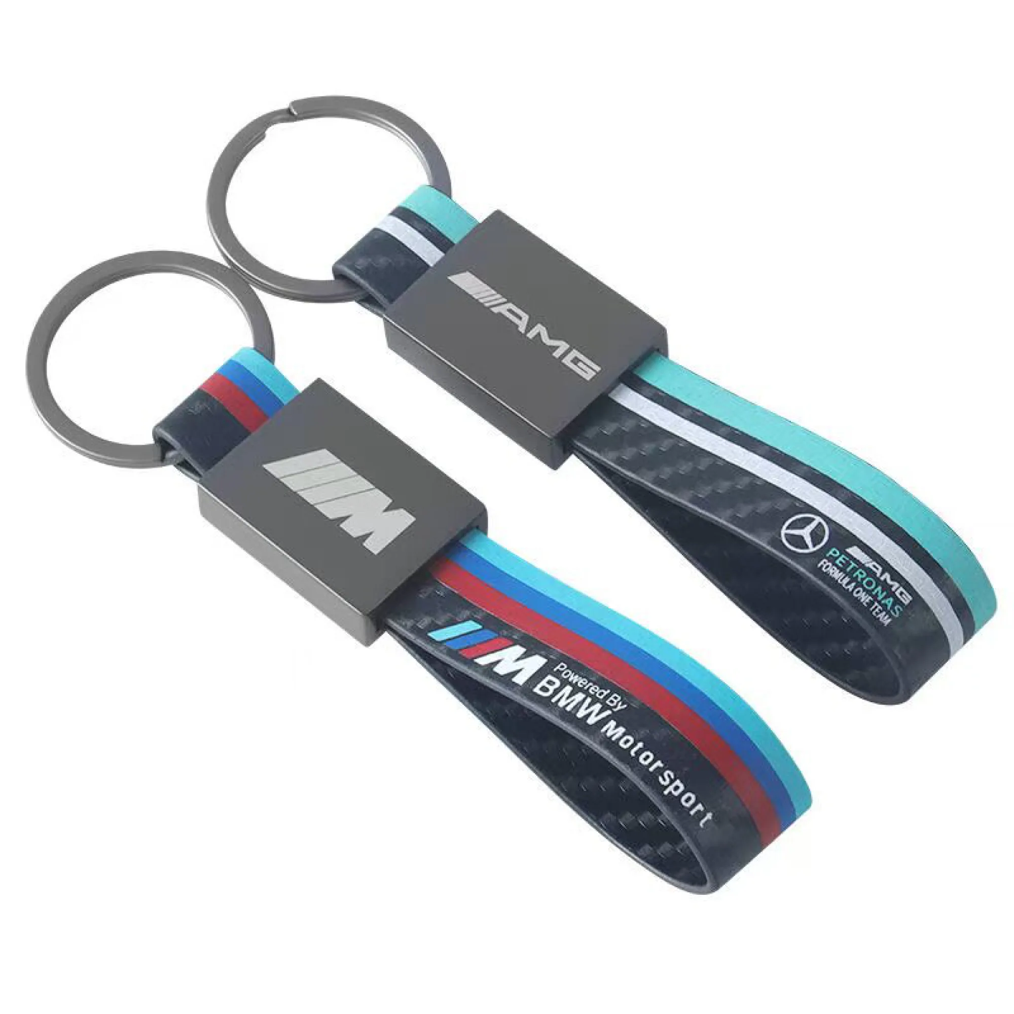 Metal Keychain with Leather Strap and Carbon Fiber Texture — View 1