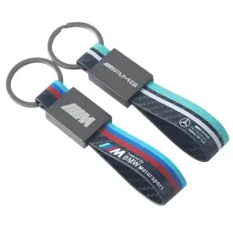 Metal Keychain with Leather Strap and Carbon Fiber Texture thumbnail 1