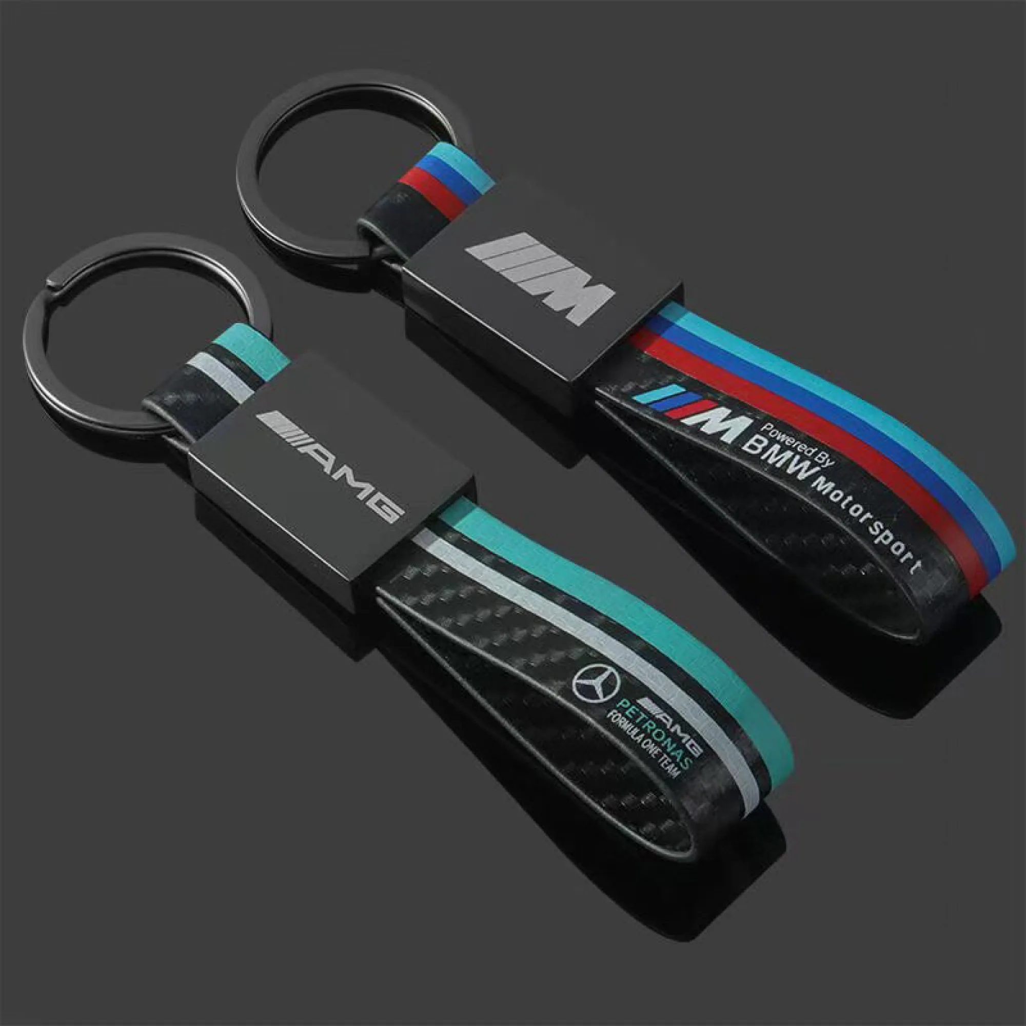 Metal Keychain with Leather Strap and Carbon Fiber Texture thumbnail 4