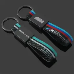 Metal Keychain with Leather Strap and Carbon Fiber Texture thumbnail 4