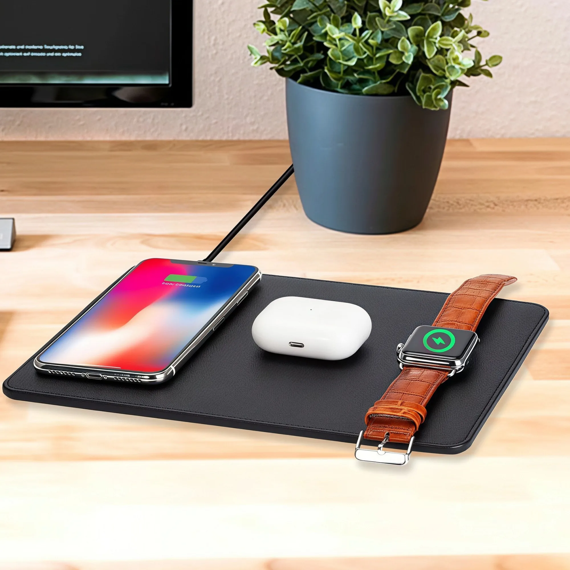 3-in-1 Wireless Charging PU Leather Mouse Pad thumbnail 3