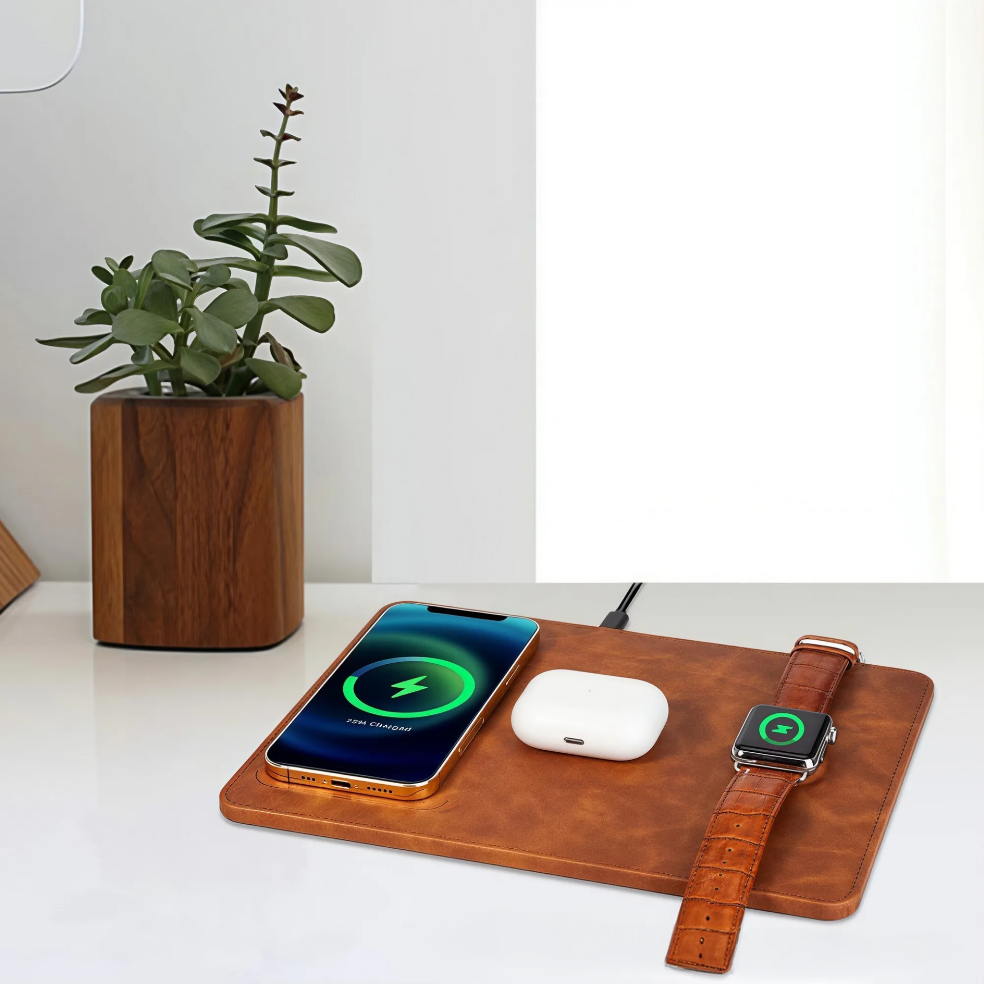 3-in-1 Wireless Charging PU Leather Mouse Pad thumbnail 2