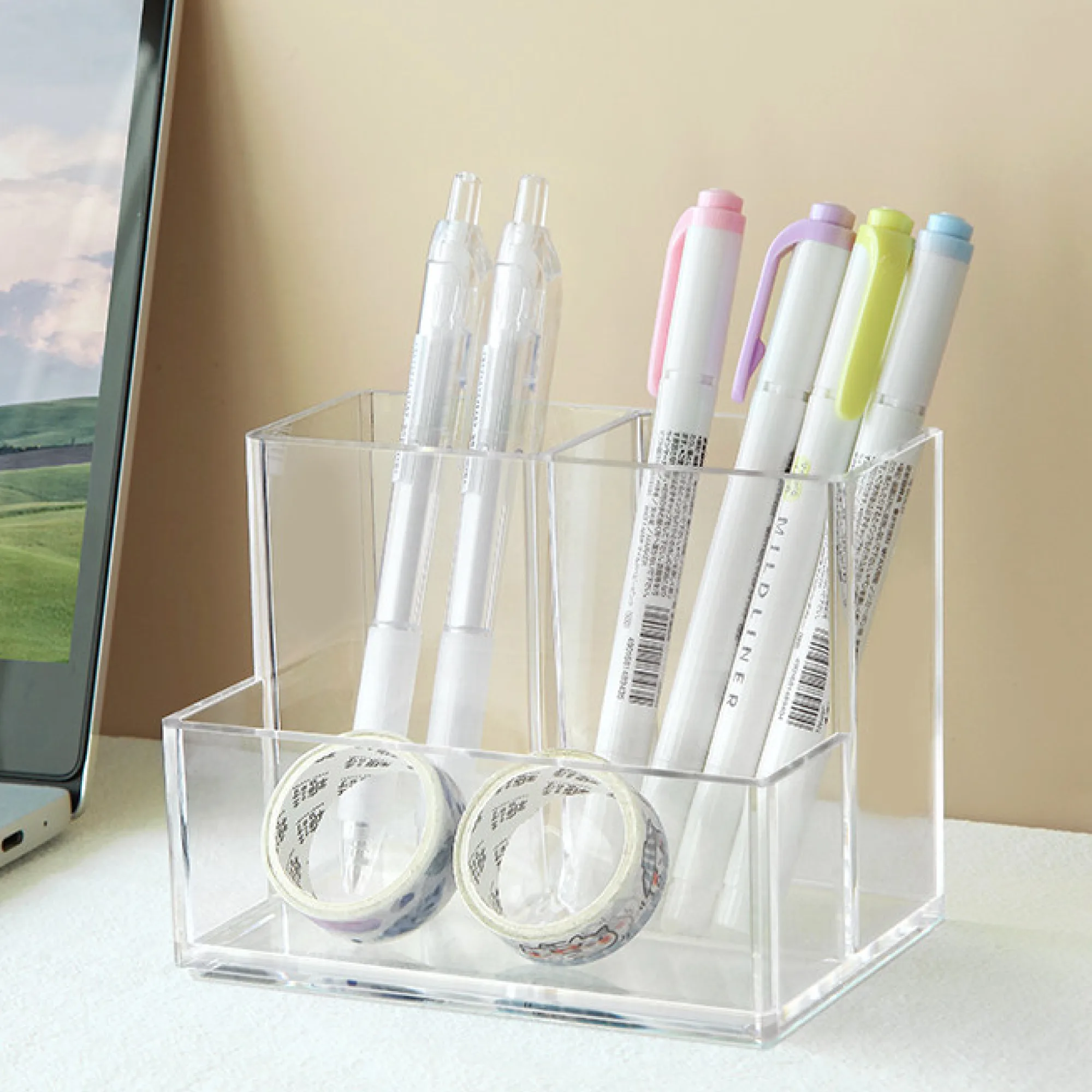 Acrylic Desk Pen Holder with Multiple Compartments