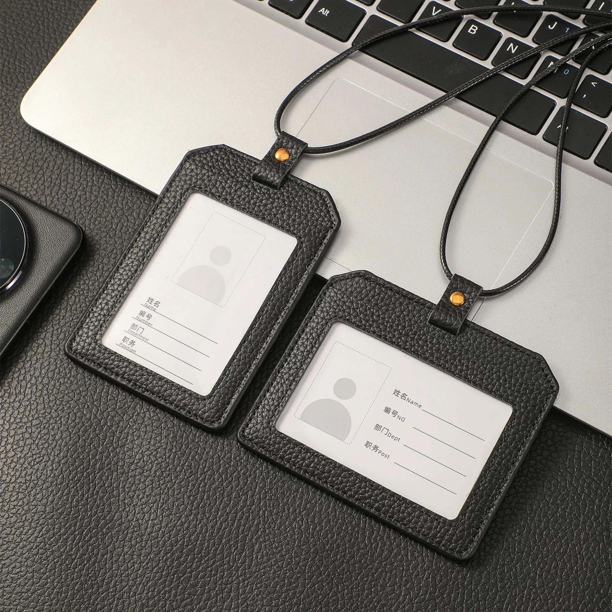 Genuine Leather ID Card Holder with Lanyard - Vertical and Horizontal Styles thumbnail 4