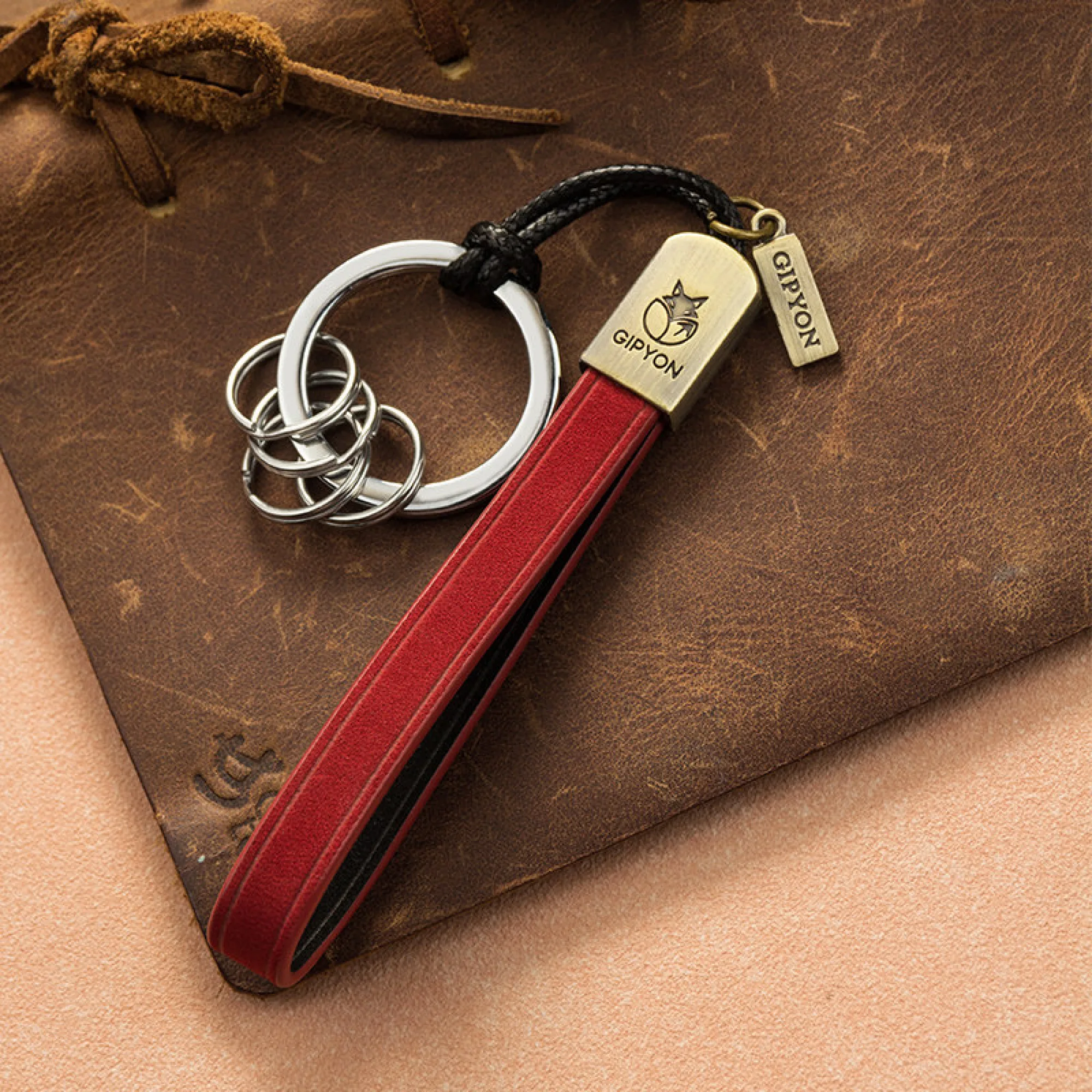 Cowhide Leather Keychain with Key Ring and Rope thumbnail 2
