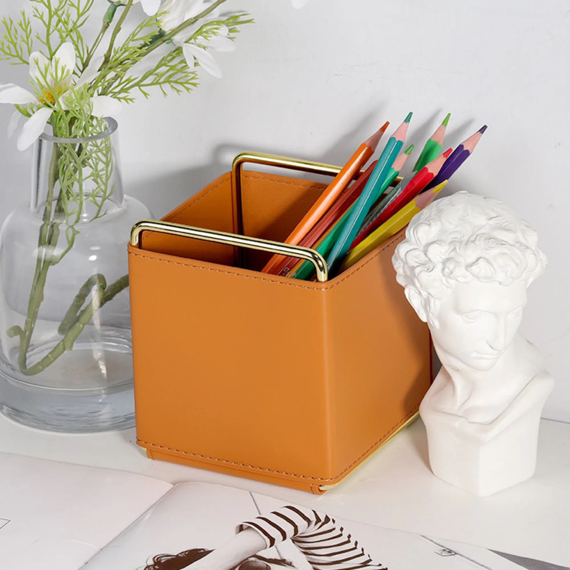 Nordic Style Leather Desk Organizer with Iron Frame