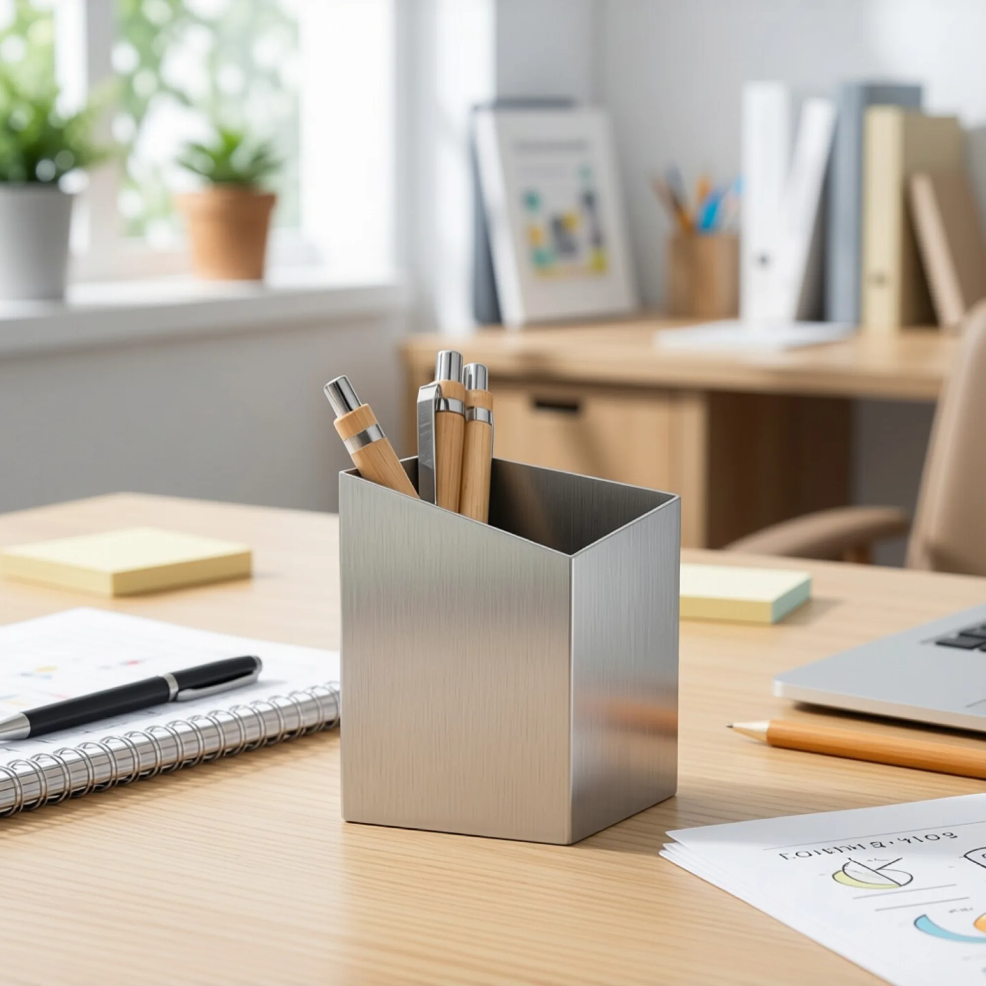 304 Stainless Steel Desk Pen Holder with Slanted, Right-Angle, and R-Angle Openings thumbnail 3