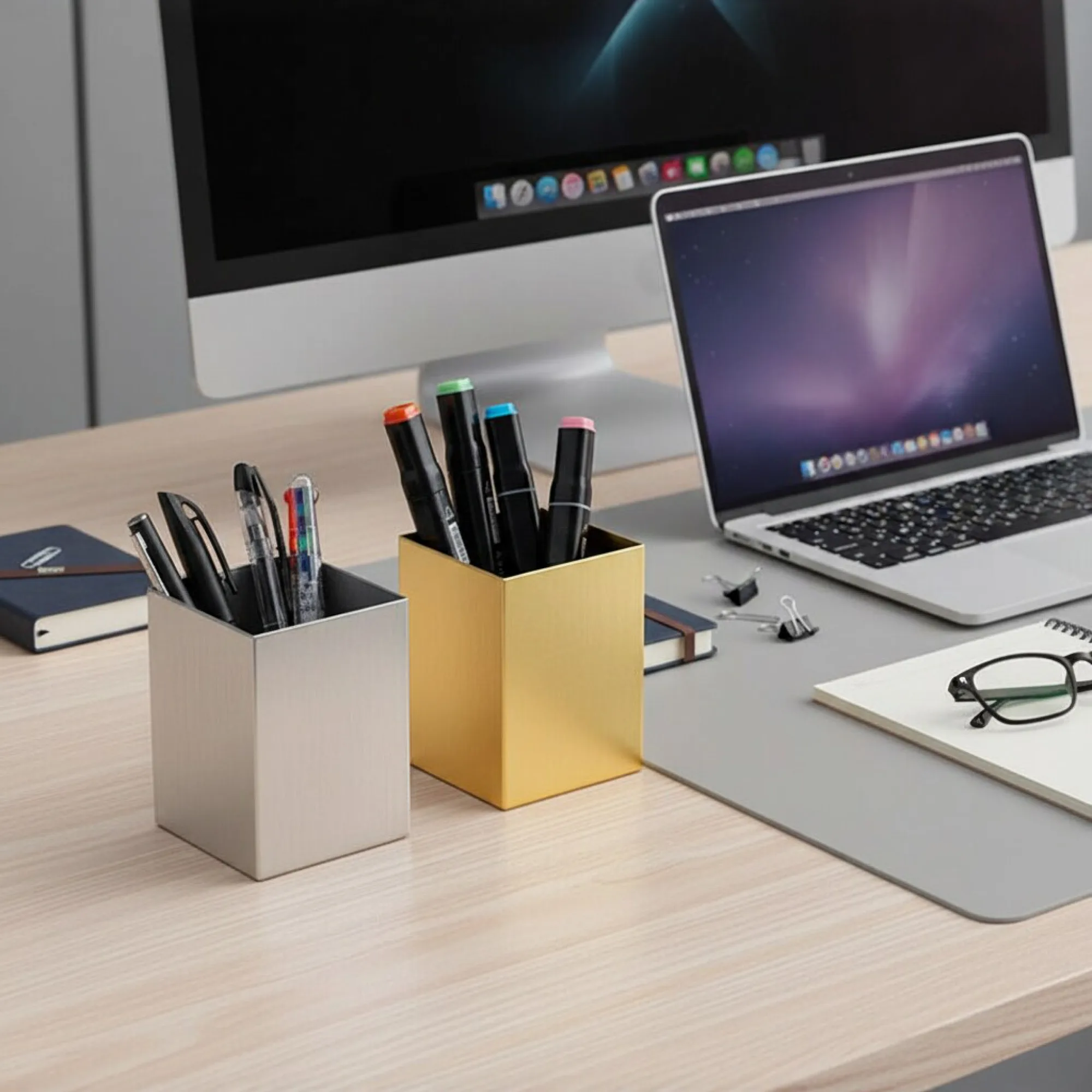 304 Stainless Steel Desk Pen Holder with Slanted, Right-Angle, and R-Angle Openings