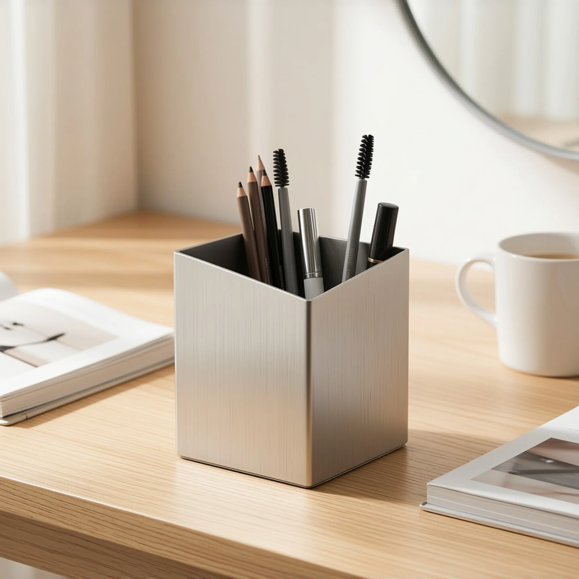304 Stainless Steel Desk Pen Holder with Slanted, Right-Angle, and R-Angle Openings