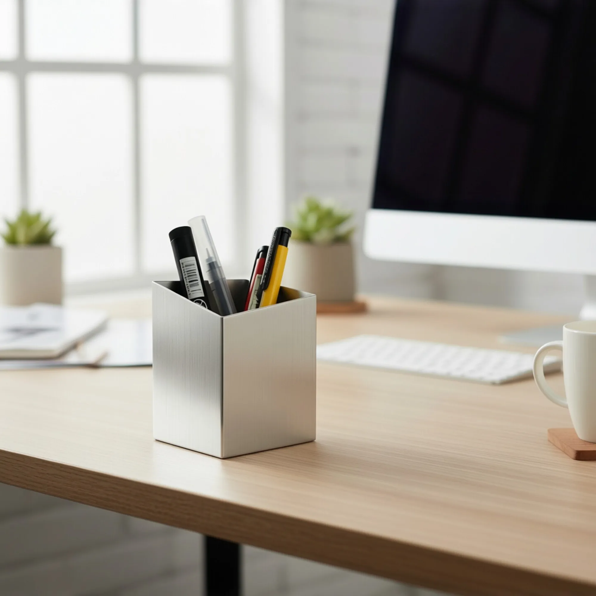 304 Stainless Steel Desk Pen Holder with Slanted, Right-Angle, and R-Angle Openings thumbnail 5