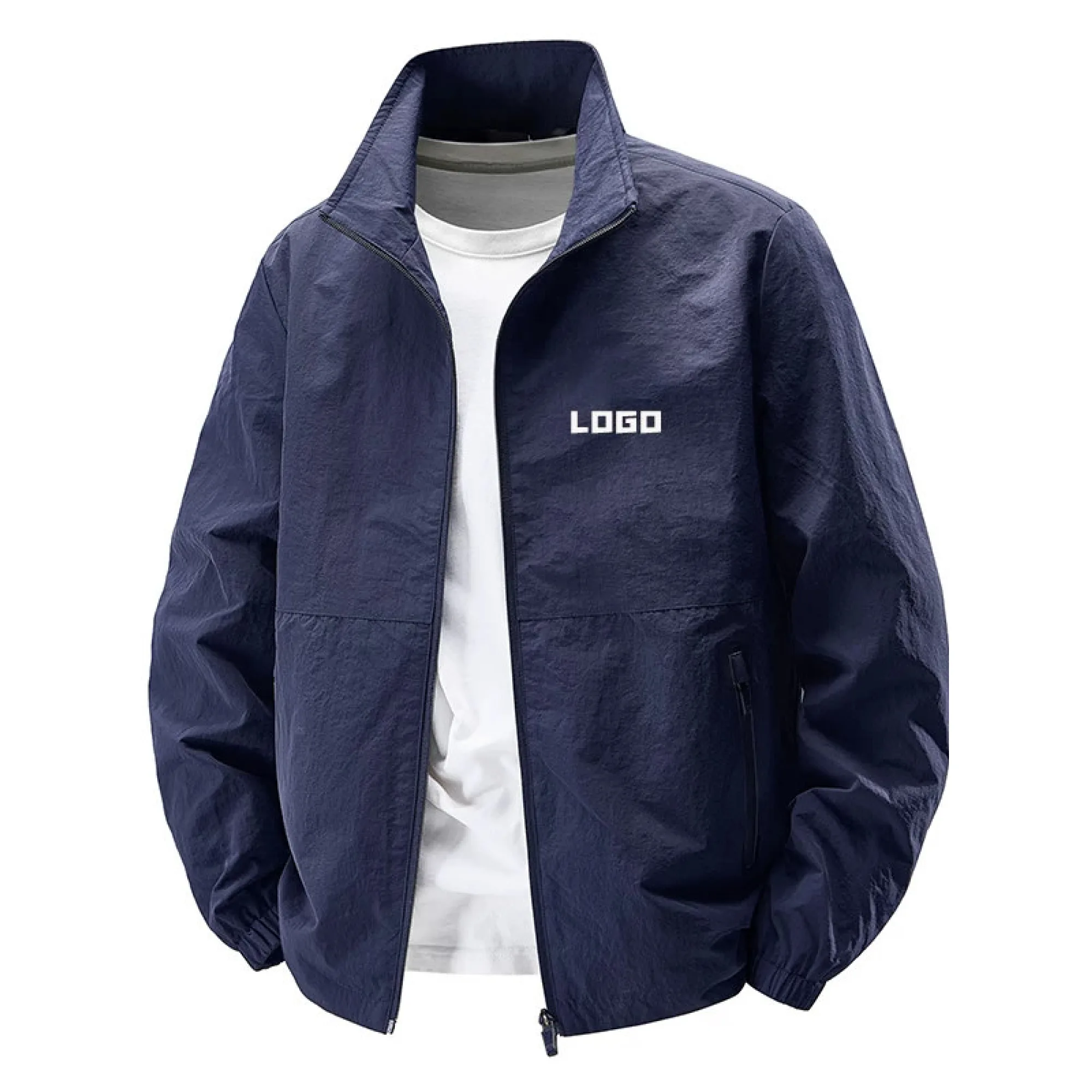 Unisex Windbreaker Jacket with Stand-Up Collar and Full-Zip Front