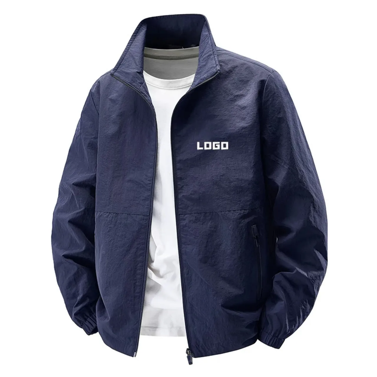 Unisex Windbreaker Jacket with Stand-Up Collar and Full-Zip Front