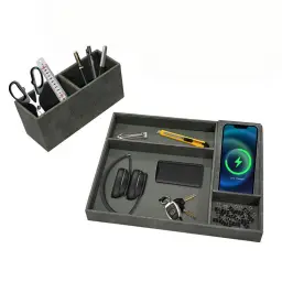 15W Wireless Charging Desktop Storage Box with PU Leather thumbnail 4