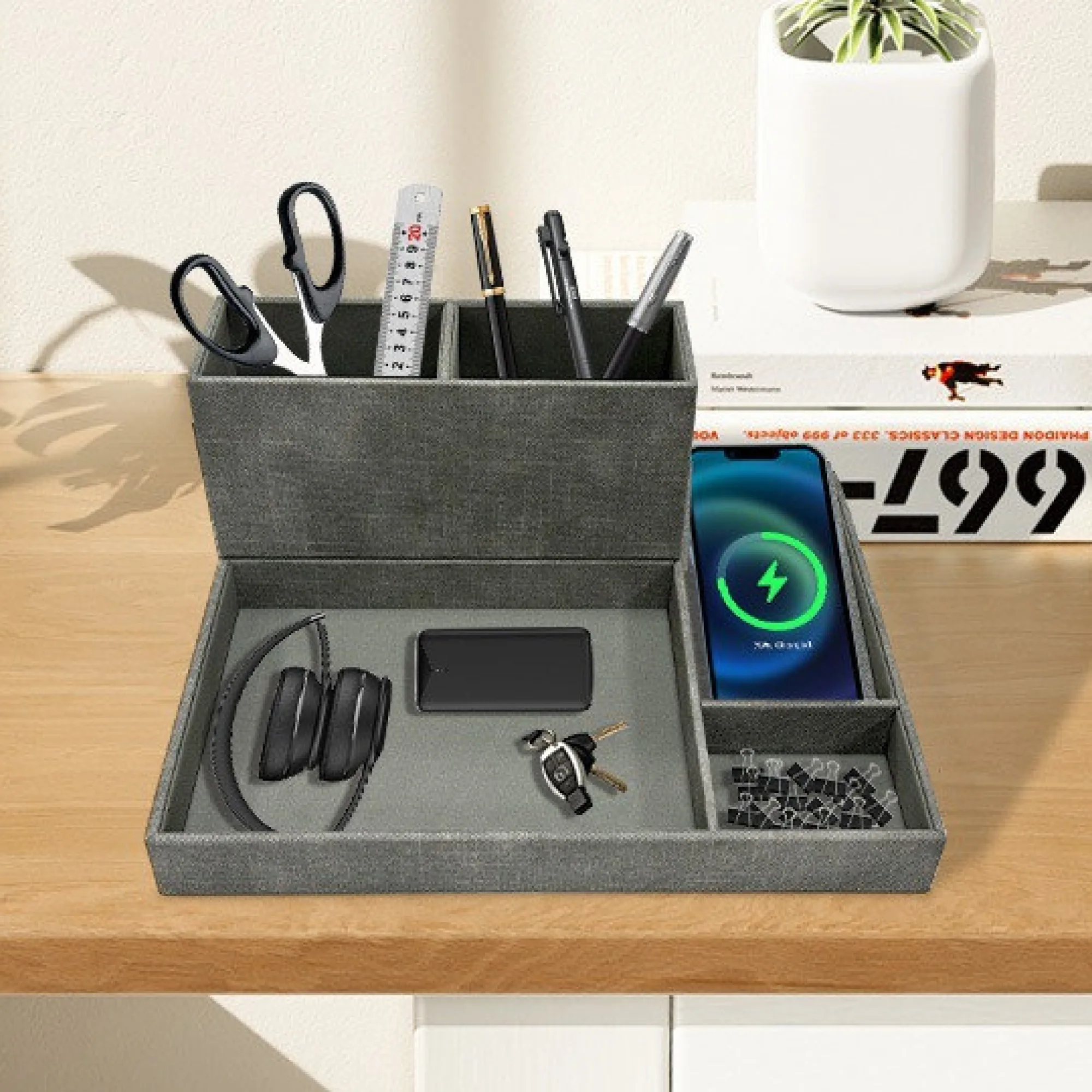 15W Wireless Charging Desktop Storage Box with PU Leather