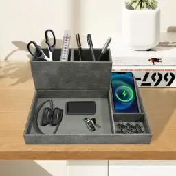 15W Wireless Charging Desktop Storage Box with PU Leather thumbnail 2