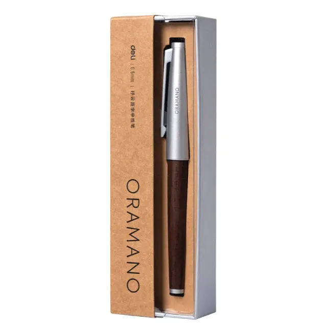 Deli A6Pro-05 Walnut Wood Grain Metal Rollerball Pen, 0.5mm Bullet Tip, Black Ink