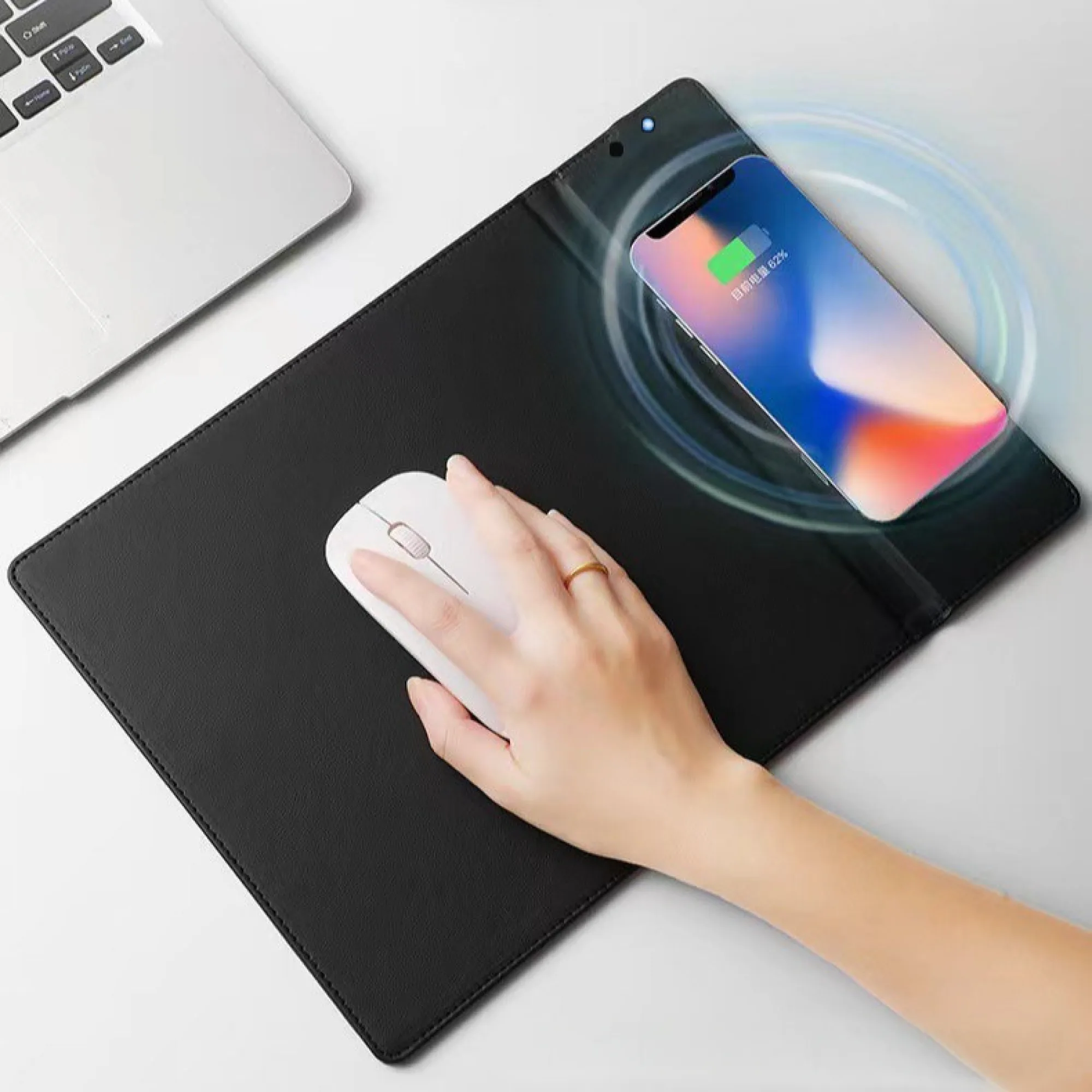 Wireless Charging Mouse Pad with Phone Stand, 15W, PU Leather thumbnail 2