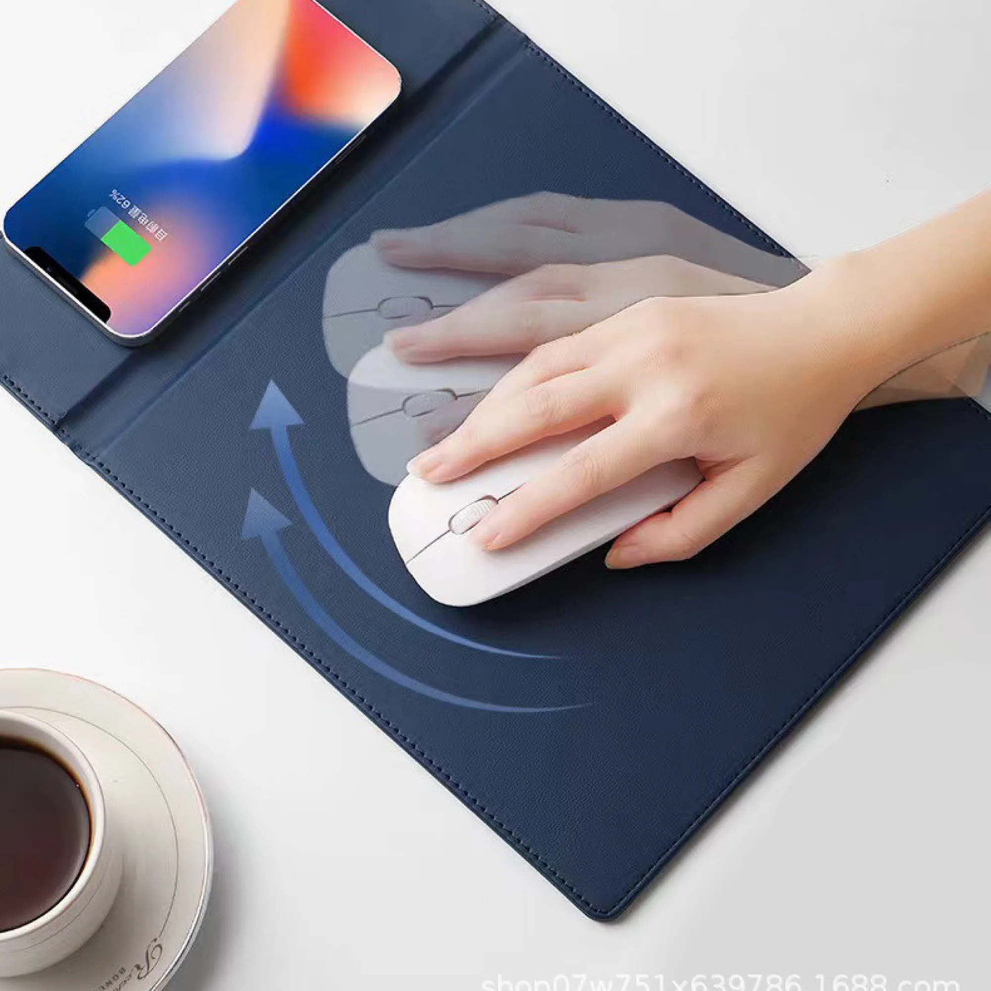Wireless Charging Mouse Pad with Phone Stand, 15W, PU Leather thumbnail 4