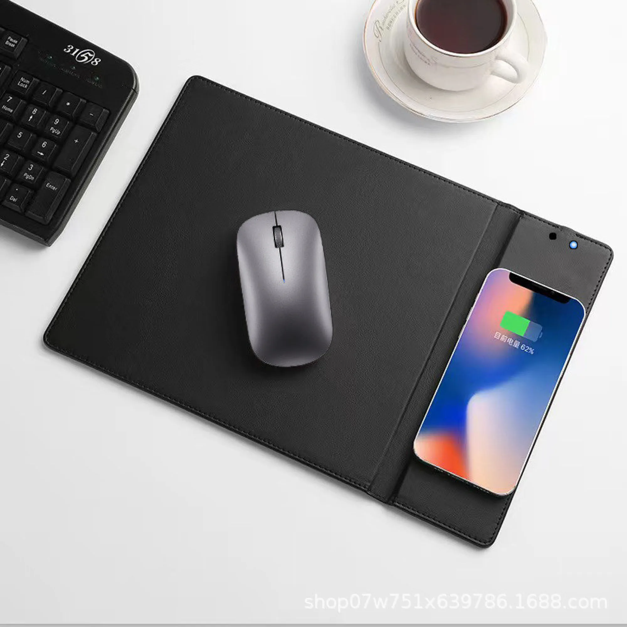 Wireless Charging Mouse Pad with Phone Stand, 15W, PU Leather thumbnail 5