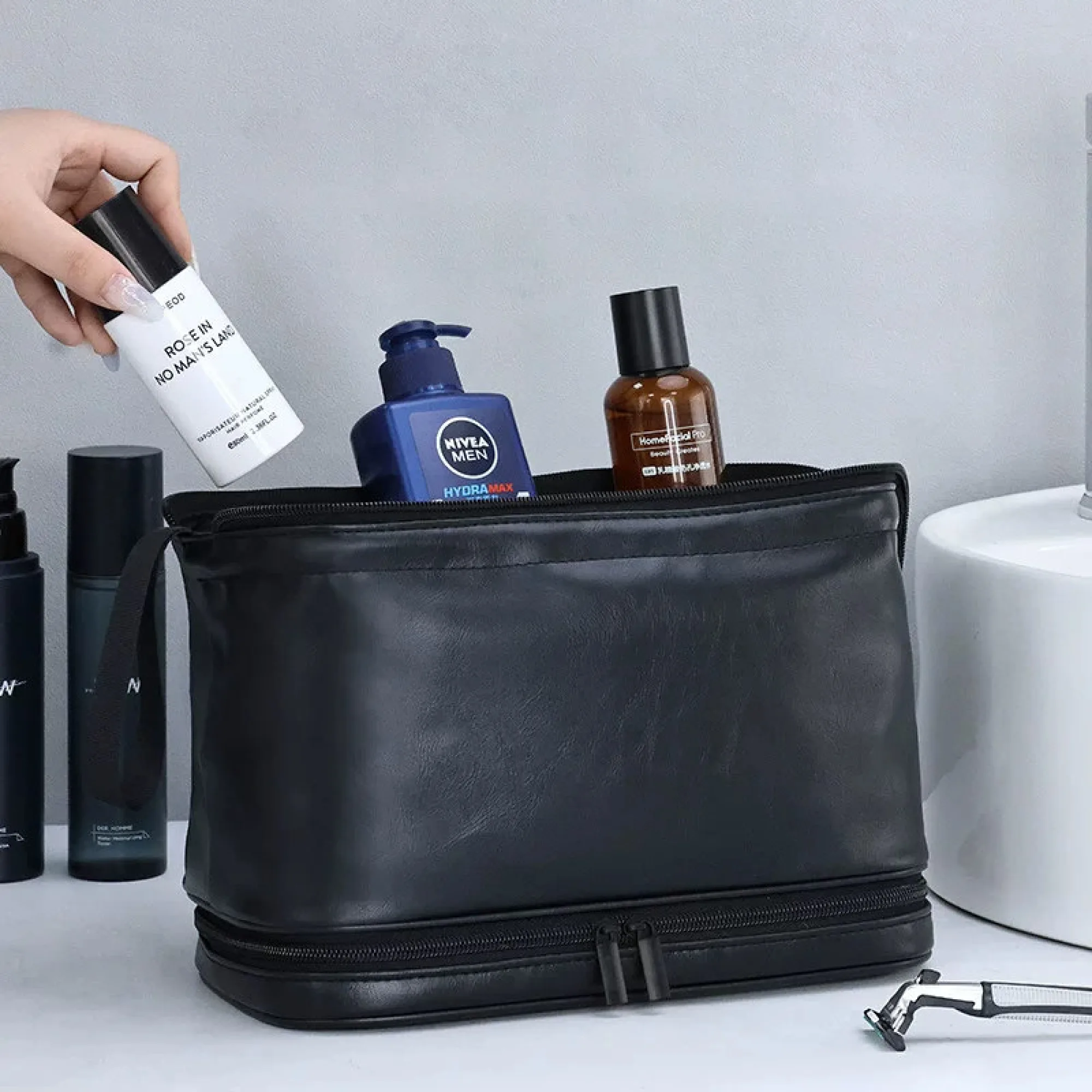 Portable PU Leather Double-Layer Toiletry Bag thumbnail 3