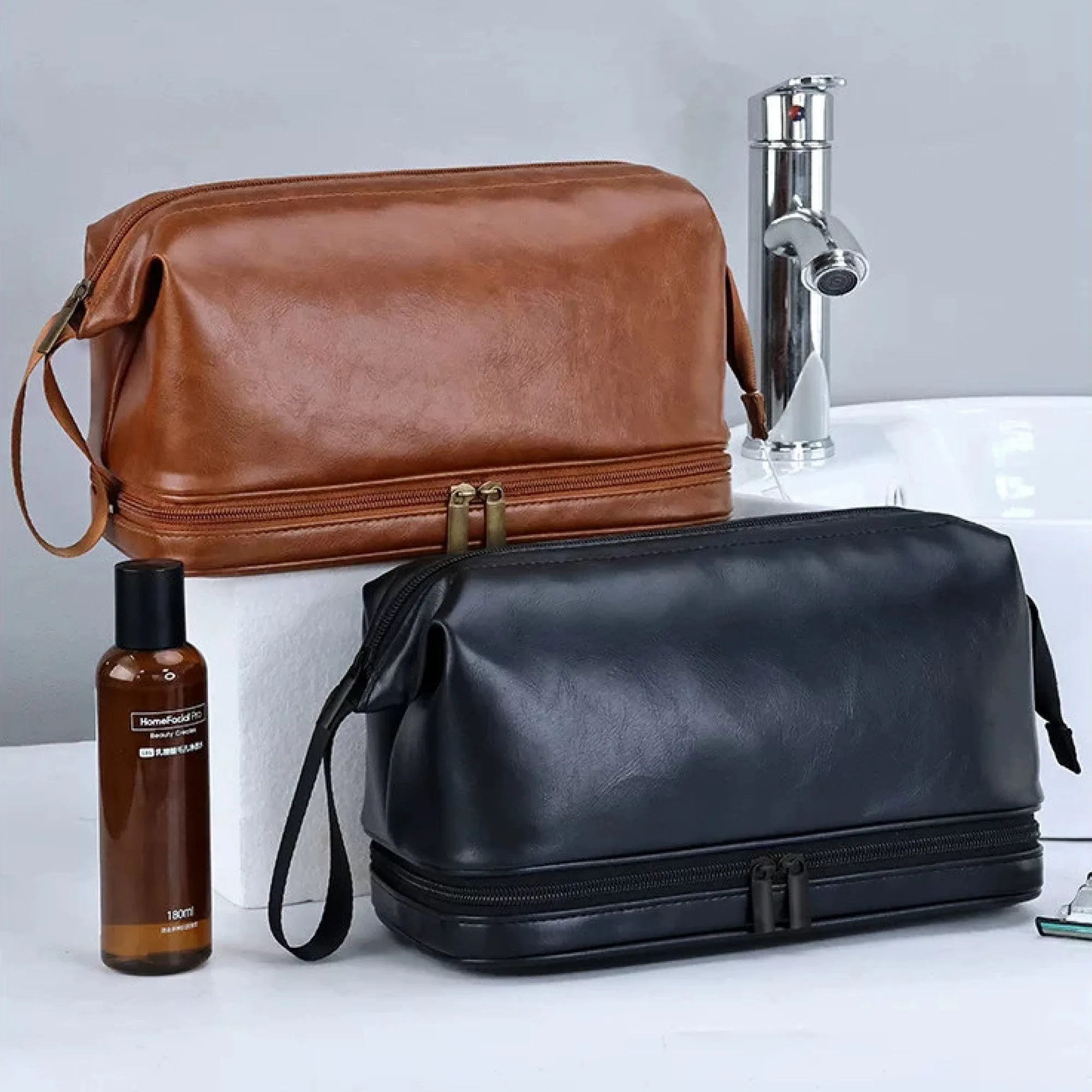 Portable PU Leather Double-Layer Toiletry Bag