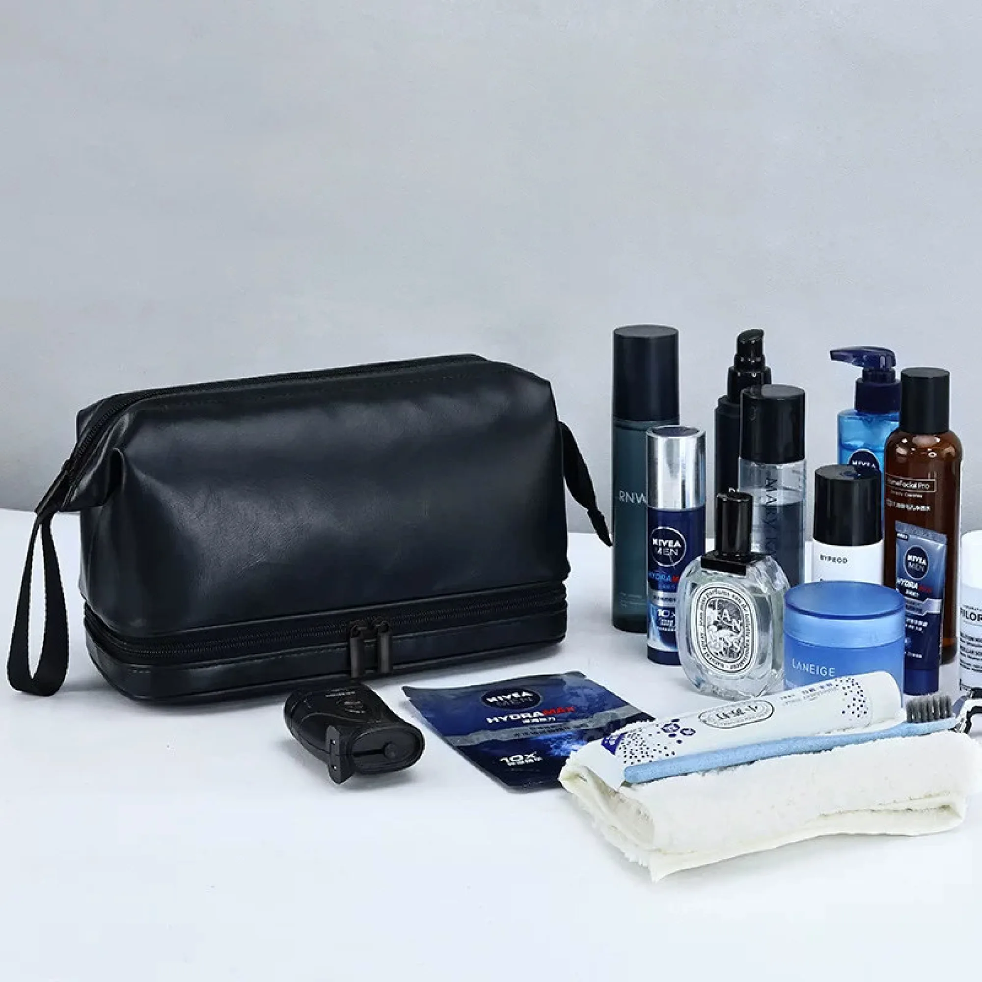 Portable PU Leather Double-Layer Toiletry Bag thumbnail 5
