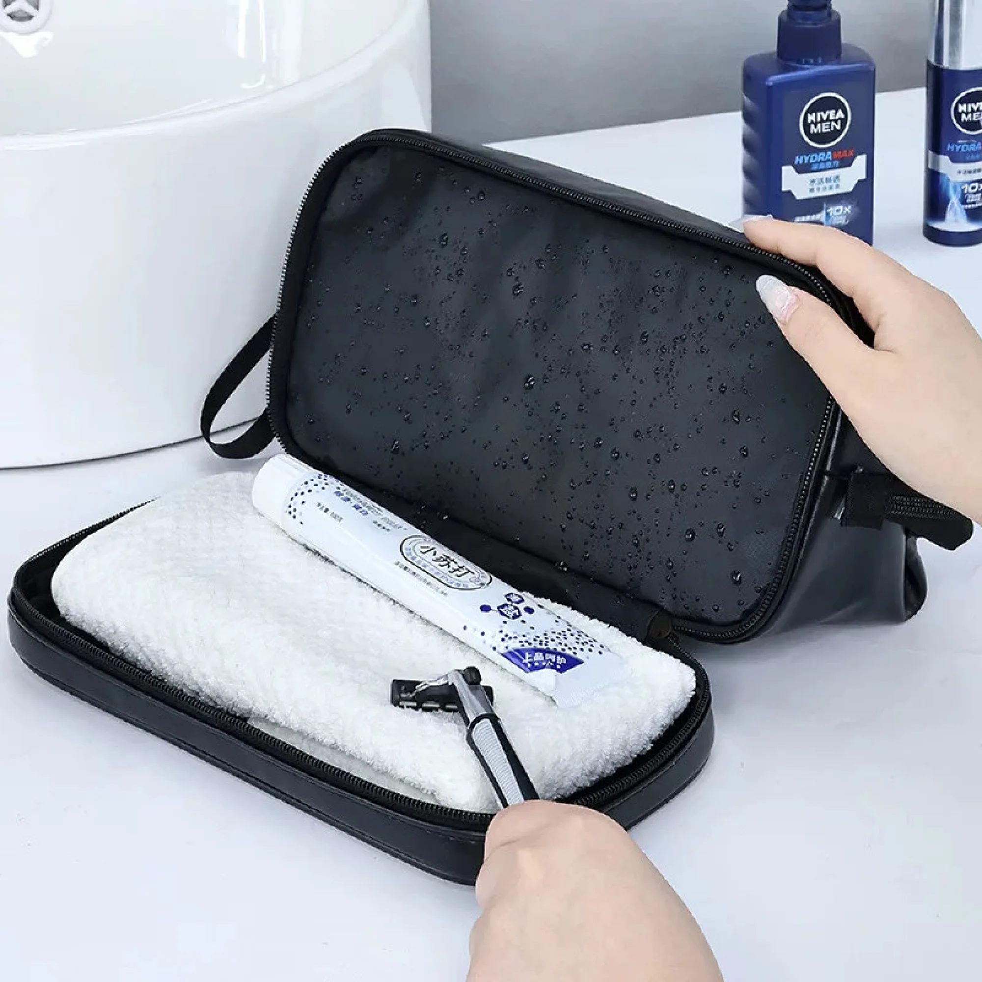 Portable PU Leather Double-Layer Toiletry Bag thumbnail 4