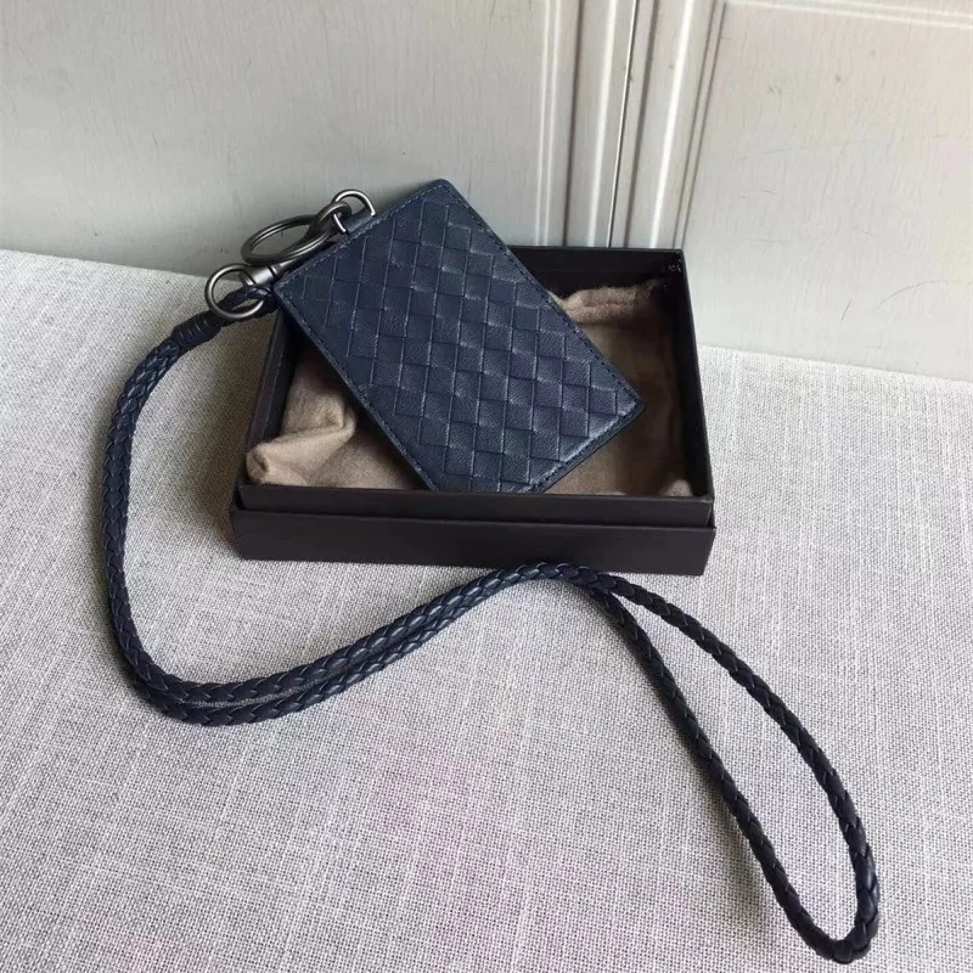 Genuine Leather Woven ID Card Holder with Lanyard