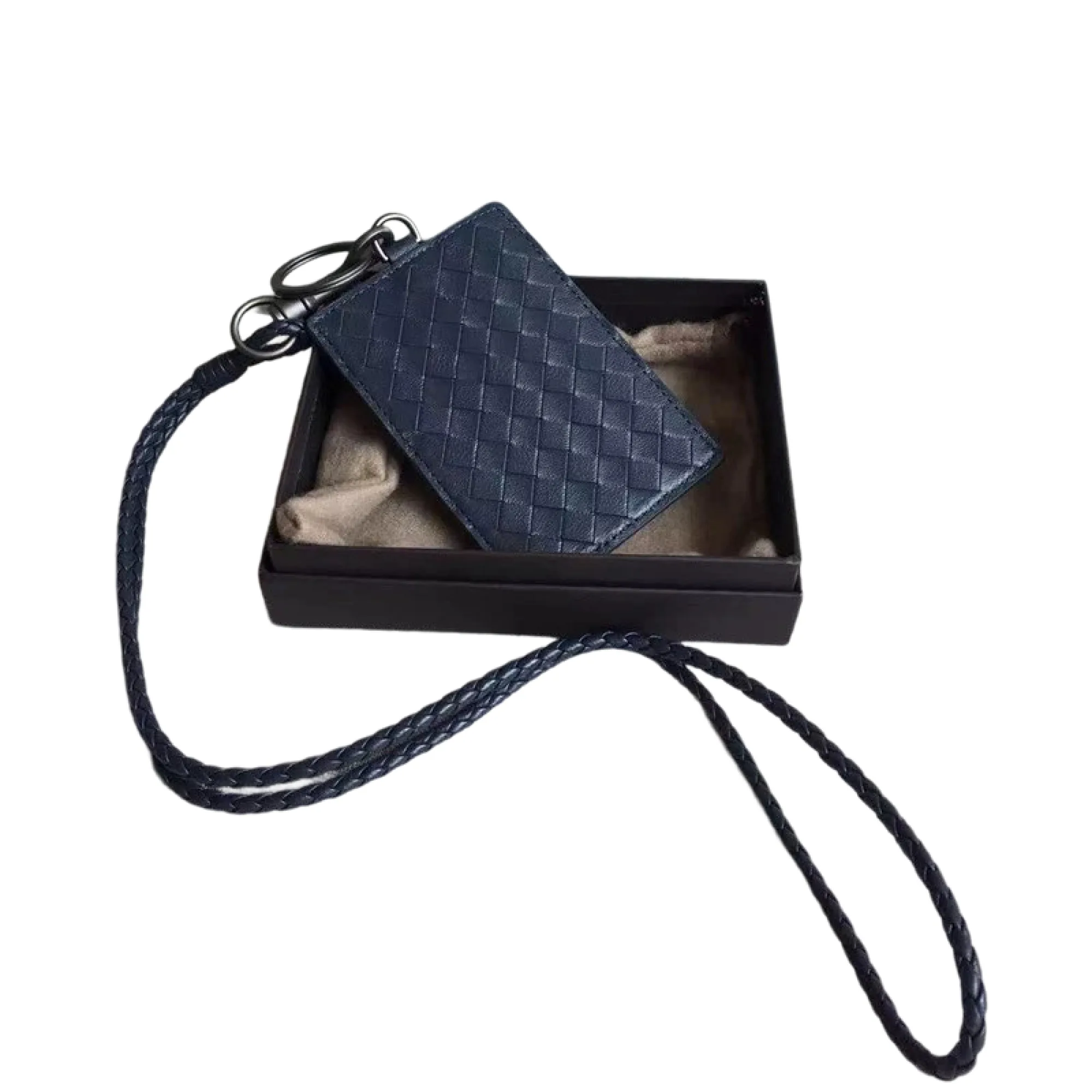 Genuine Leather Woven ID Card Holder with Lanyard