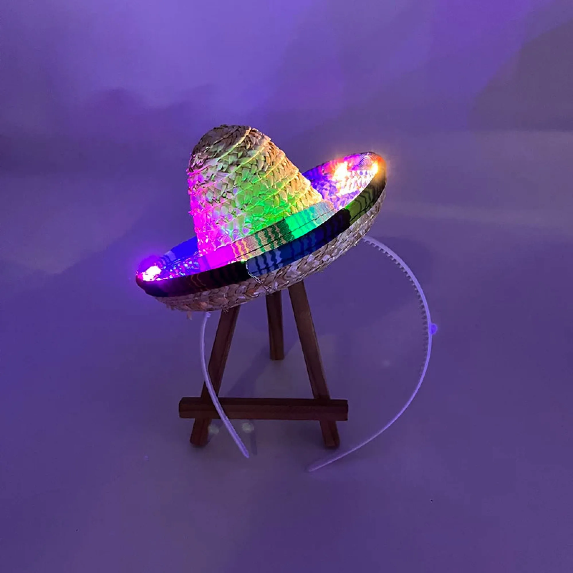 LED Pet Straw Sombrero Sun Hat with Multicolor Striped Brim thumbnail 6